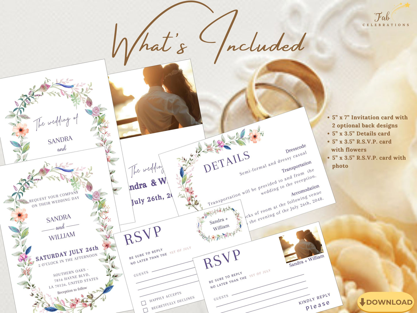 Boho floral wedding suite complete collection featuring six beautifully coordinated templates with romantic watercolor botanical elements, coral and sage color palette, perfect for rustic garden weddings.