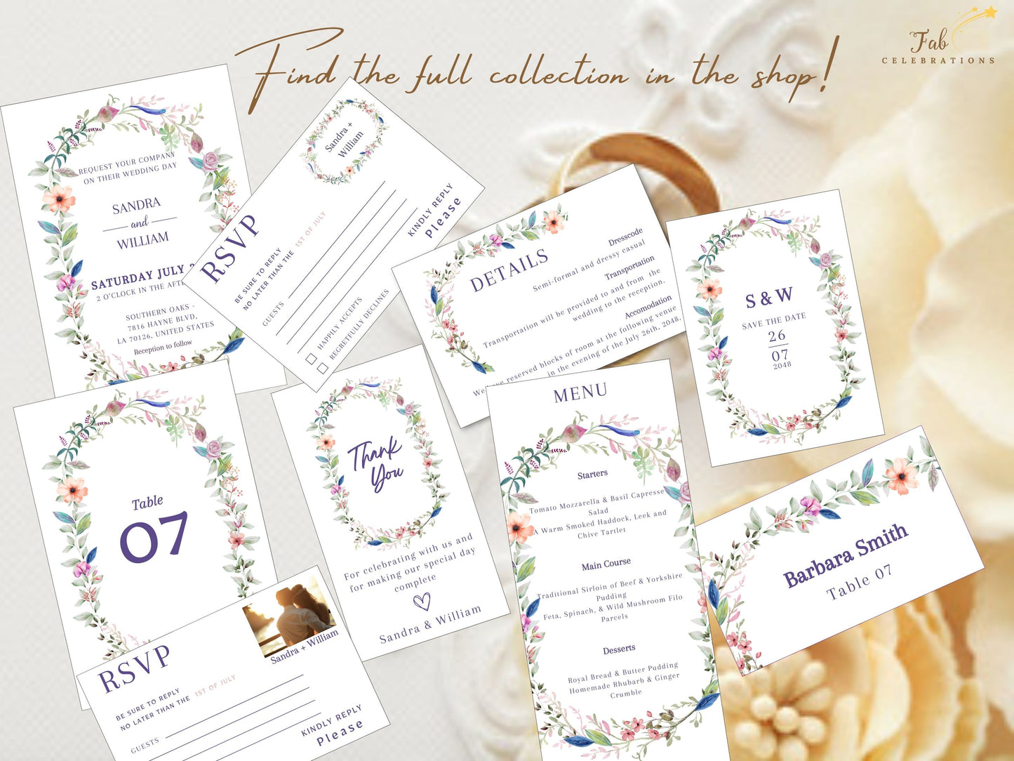 Boho floral wedding suite rustic stationery with elegant botanical wreath motifs and hand-lettered typography, editable template collection for bohemian chic wedding celebrations.