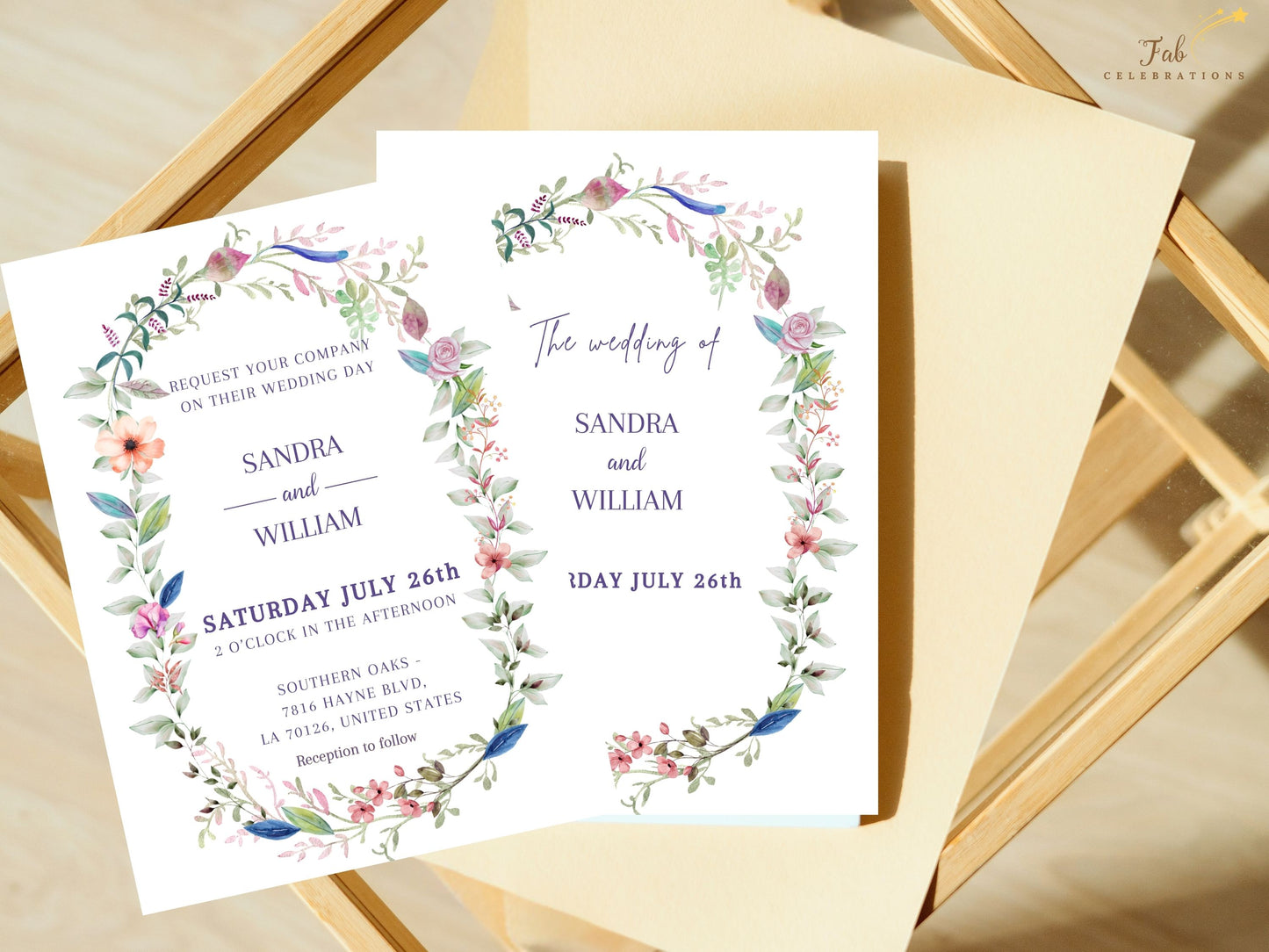 Boho floral wedding suite featuring invitation, RSVP and details cards with unified coral and sage botanical theme, perfect for French-inspired countryside wedding celebrations.