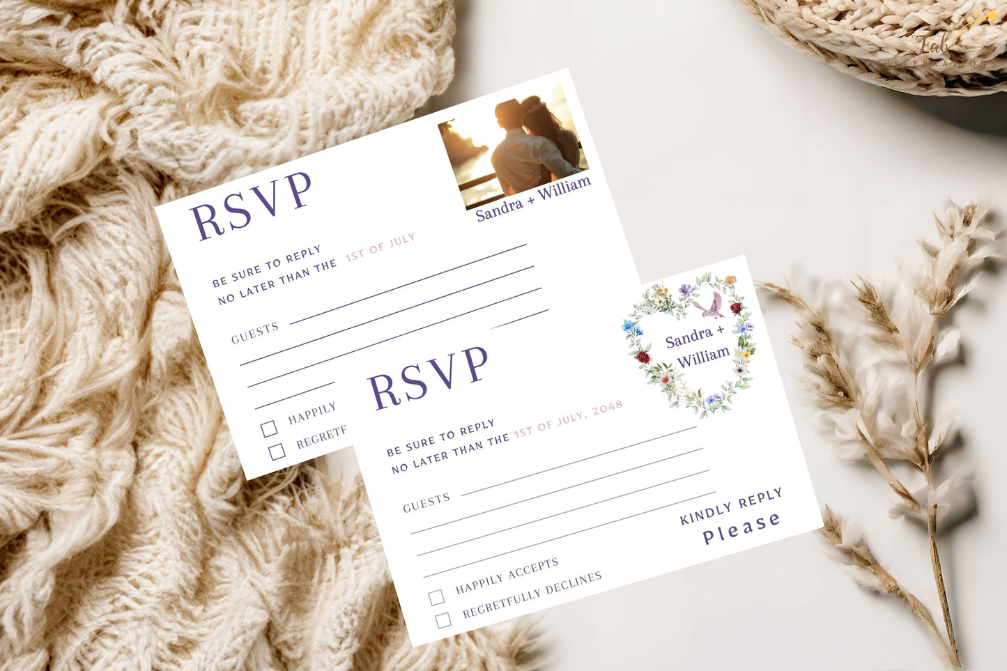 Boho heart wedding invitations RSVP card closeup design highlighting floral wreath with dove motif, symbolic of peace and unity, perfect for rustic romantic ceremonies.