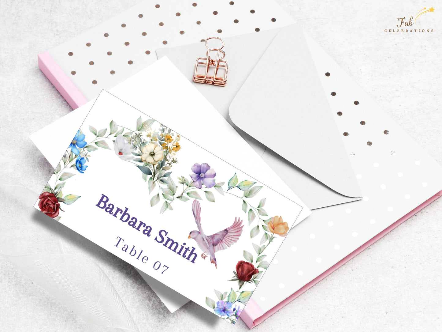 Boho watercolor wedding card editable Canva layout showing customizable names, fonts and colors, designed for DIY brides seeking rustic boho place cards.