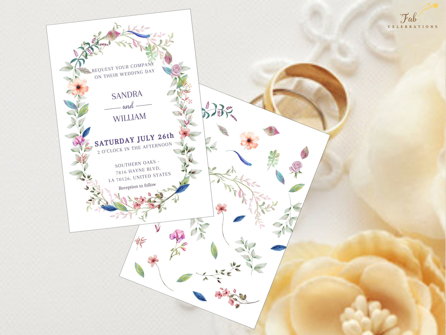 Boho wedding invitation template customizable Canva design with editable text fields and coordinated floral elements, perfect for personalized wedding stationery.