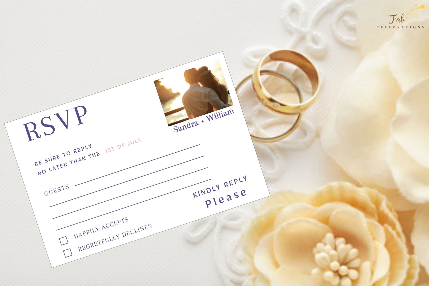 Boho wedding RSVP cards outdoor wedding celebration design with botanical illustrations and romantic typography, editable Canva file for personalized wedding response cards.