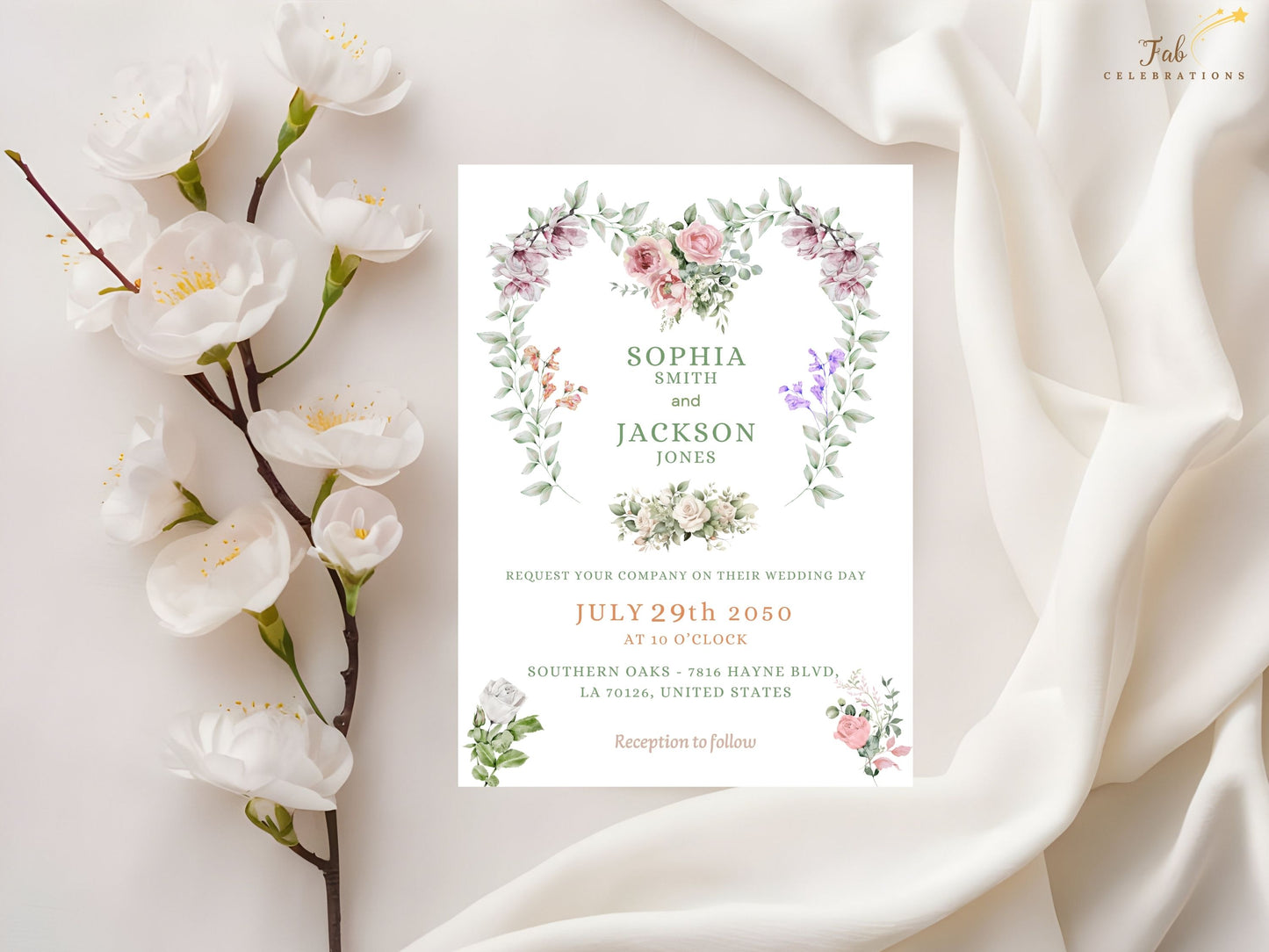 Canva wedding template blush roses and lavender sprigs arranged in a floral heart composition for romantic garden wedding invitation cards.