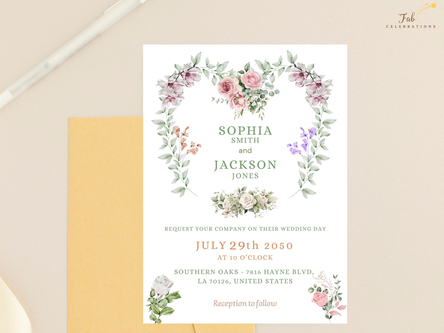 Canva wedding template French floral charm design with blush pink roses, lavender sprigs and sage greenery for romantic countryside stationery.