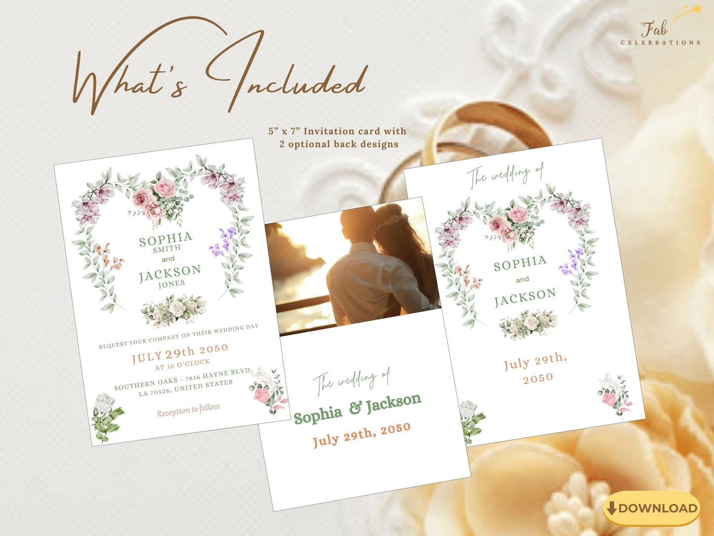 Canva wedding template with optional back designs including photo layout and floral illustration for customizable rustic chic invitation cards.