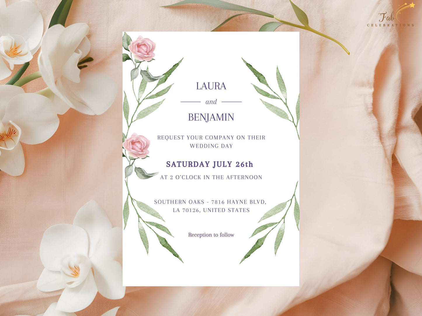 Elegant pink floral wedding invitation with romantic watercolor roses in soft frame design — editable template perfect for boho chic and garden wedding themes.
