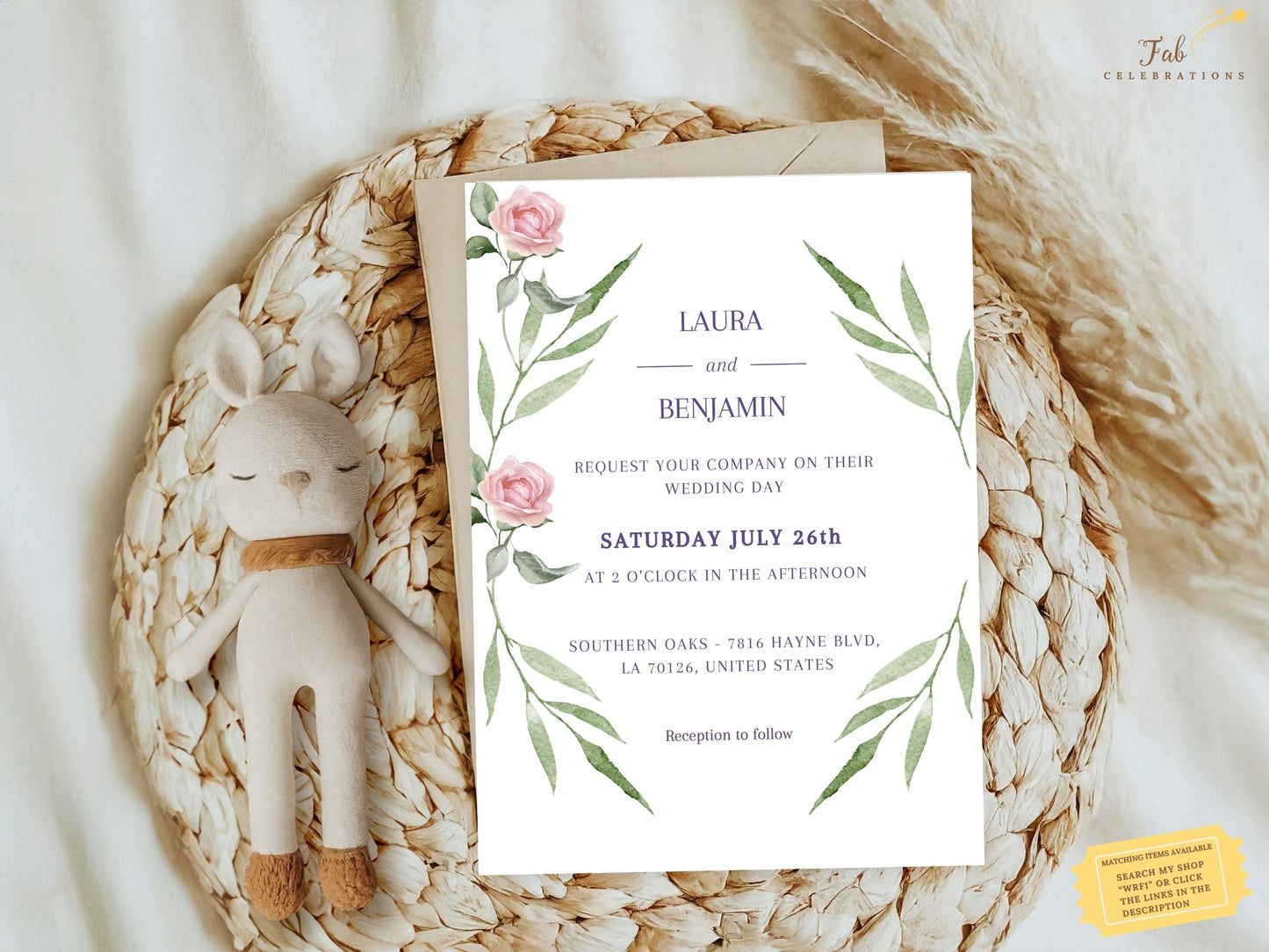 Elegant pink floral wedding invitation highlighting watercolor roses and greenery — customizable template with refined typography for romantic wedding announcements.
