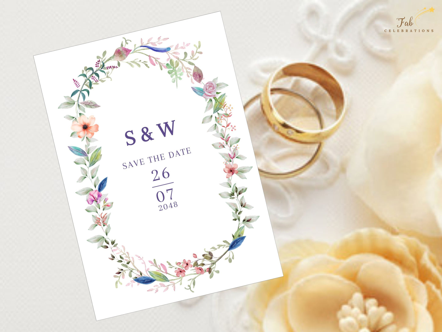 Floral save the date card vintage garden wedding style with botanical wreath accents and soft pastel color palette, ideal for heritage-inspired outdoor celebrations.