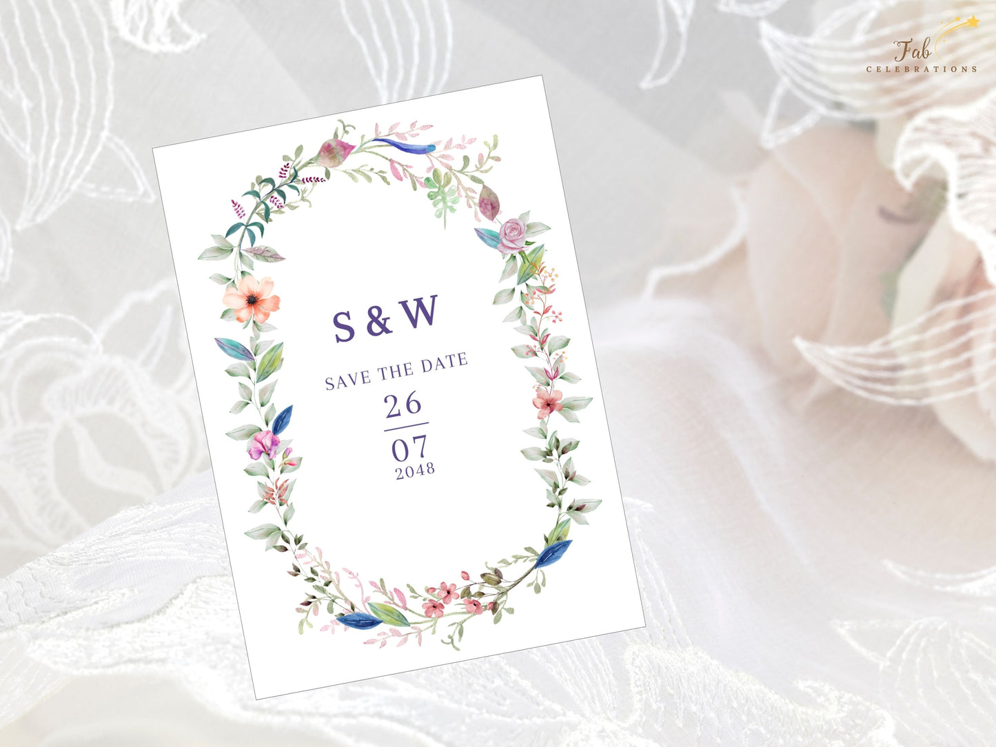 Floral save the date card rustic botanical style with watercolor floral accents and coordinated typography, ideal for countryside and bohemian wedding stationery.