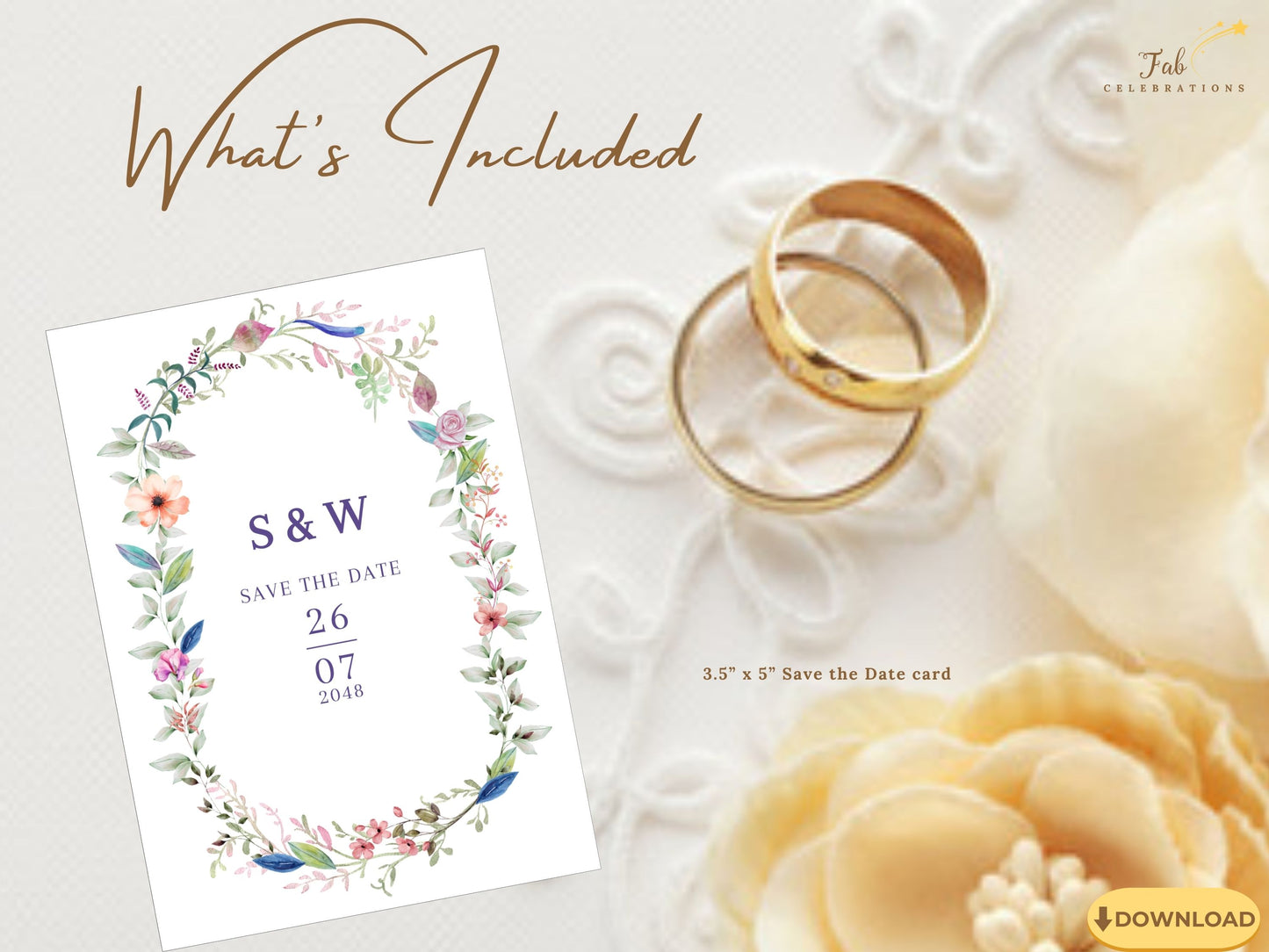 Floral save the date card editable Canva design featuring rustic botanical borders and romantic typography, perfect for outdoor and garden wedding announcements.