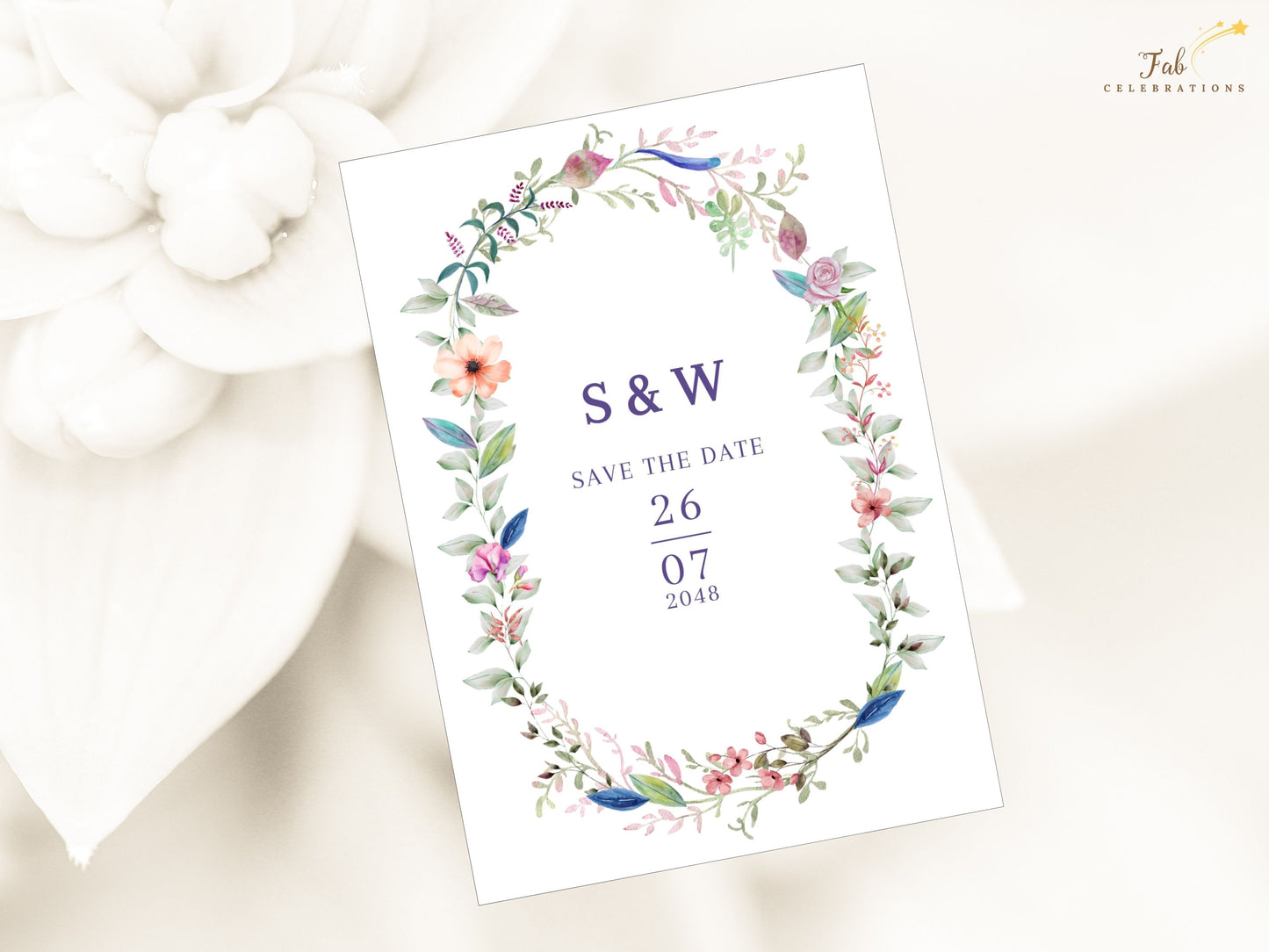 Floral save the date card template with boho watercolor design, customizable Canva file for names and wedding date, printable pre-wedding announcement stationery.
