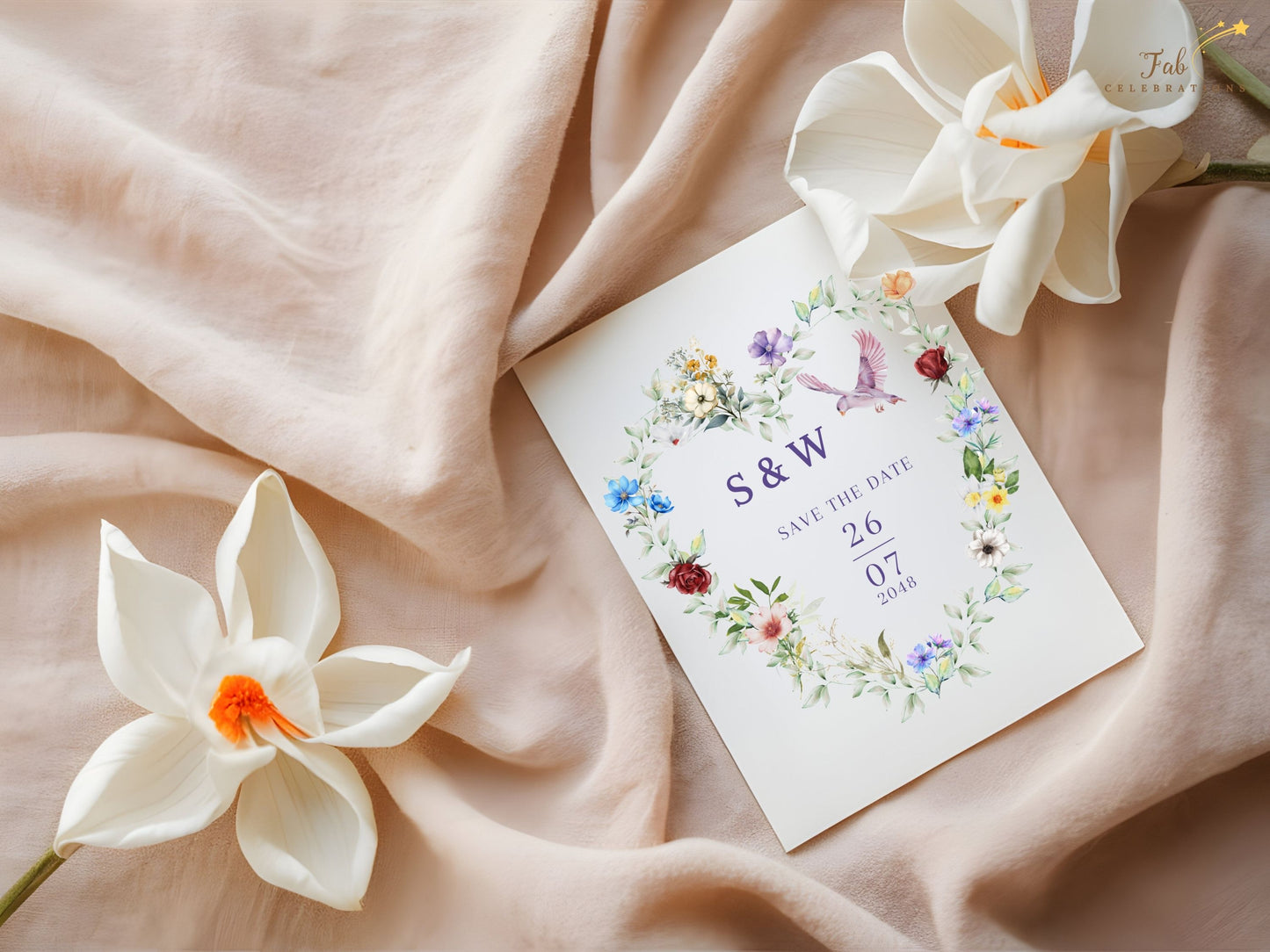 French countryside wedding romantic closeup card design highlighting heart-shaped floral wreath, watercolor artistry and dove motifs for refined bohemian ceremonies.