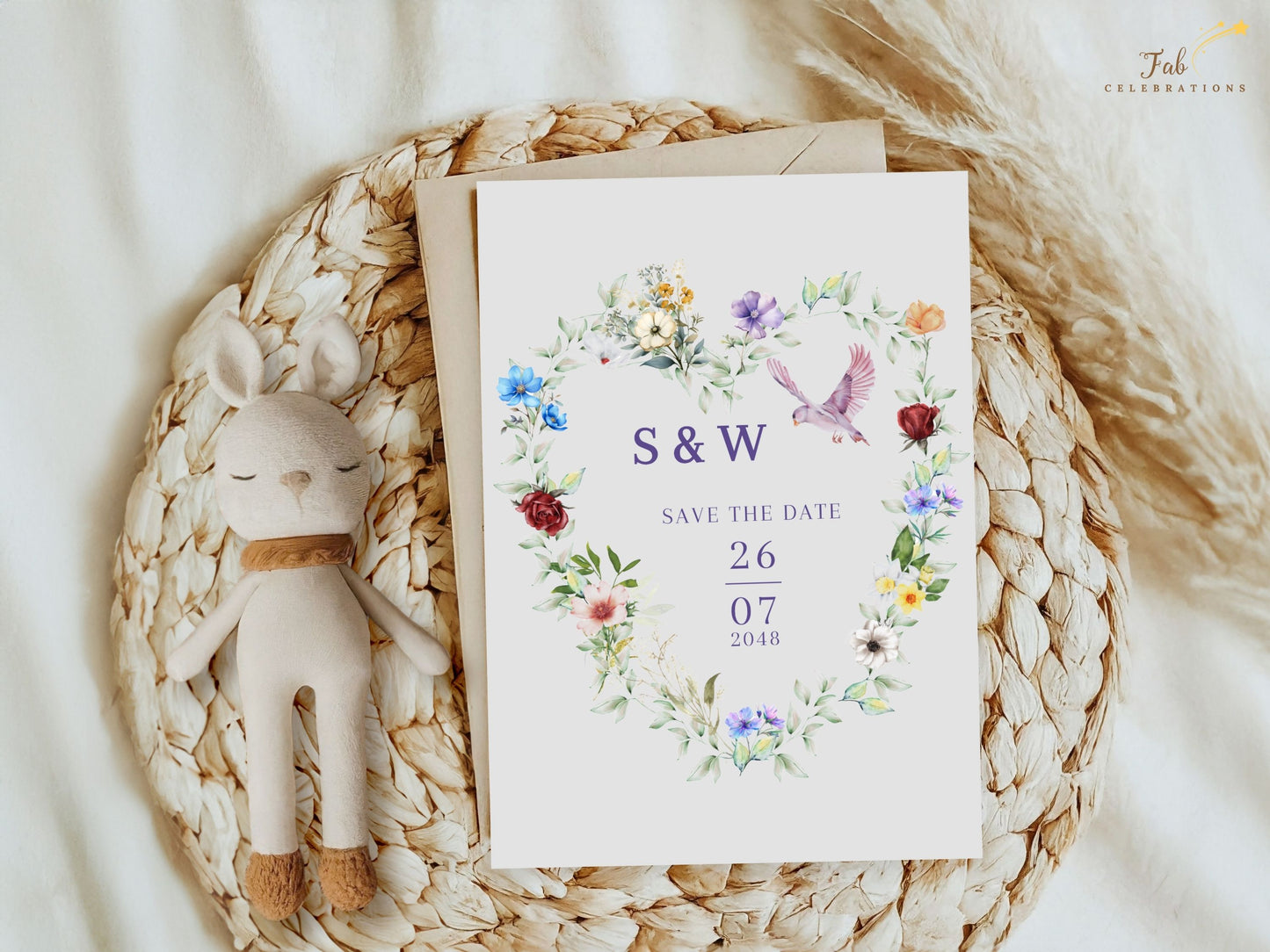 French countryside wedding pink dove detail design symbolizing unity, peace and eternal love, paired with watercolor florals for romantic countryside wedding stationery.