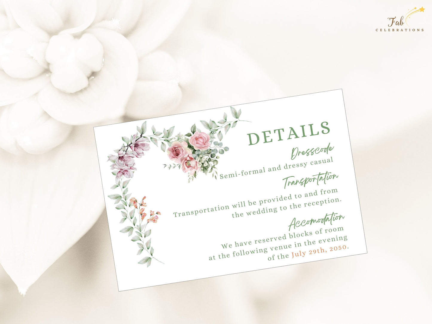 Garden wedding invitations details card mockup display with elegant French typography and watercolor florals for rustic chic stationery suites.