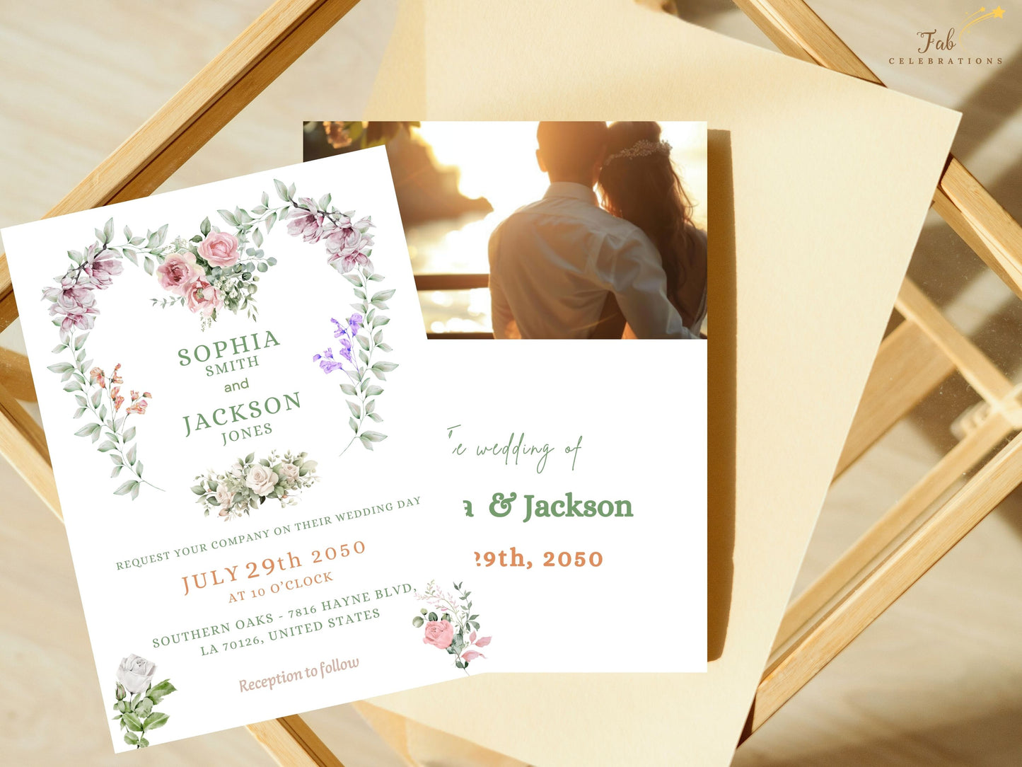 Heart wedding invitations backside photo layout offering customizable engagement photo option with floral accents for a personalized rustic boho touch.
