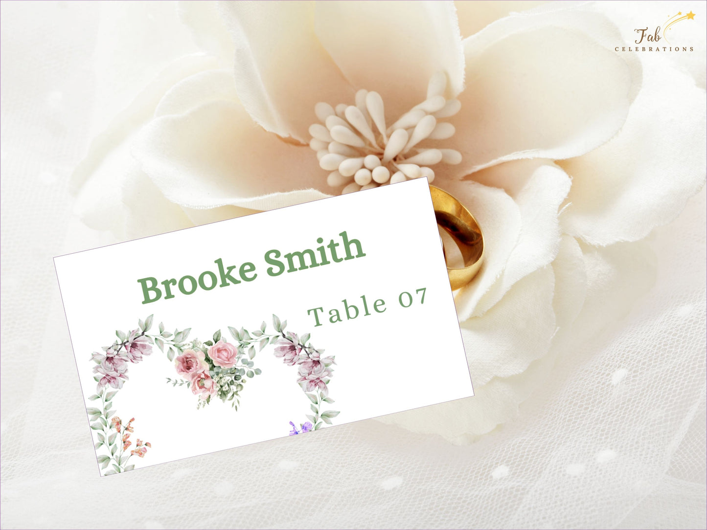 Ivory wedding invitations watercolor floral detail showing roses, lavender sprigs, and greenery for romantic French wedding stationery place cards.