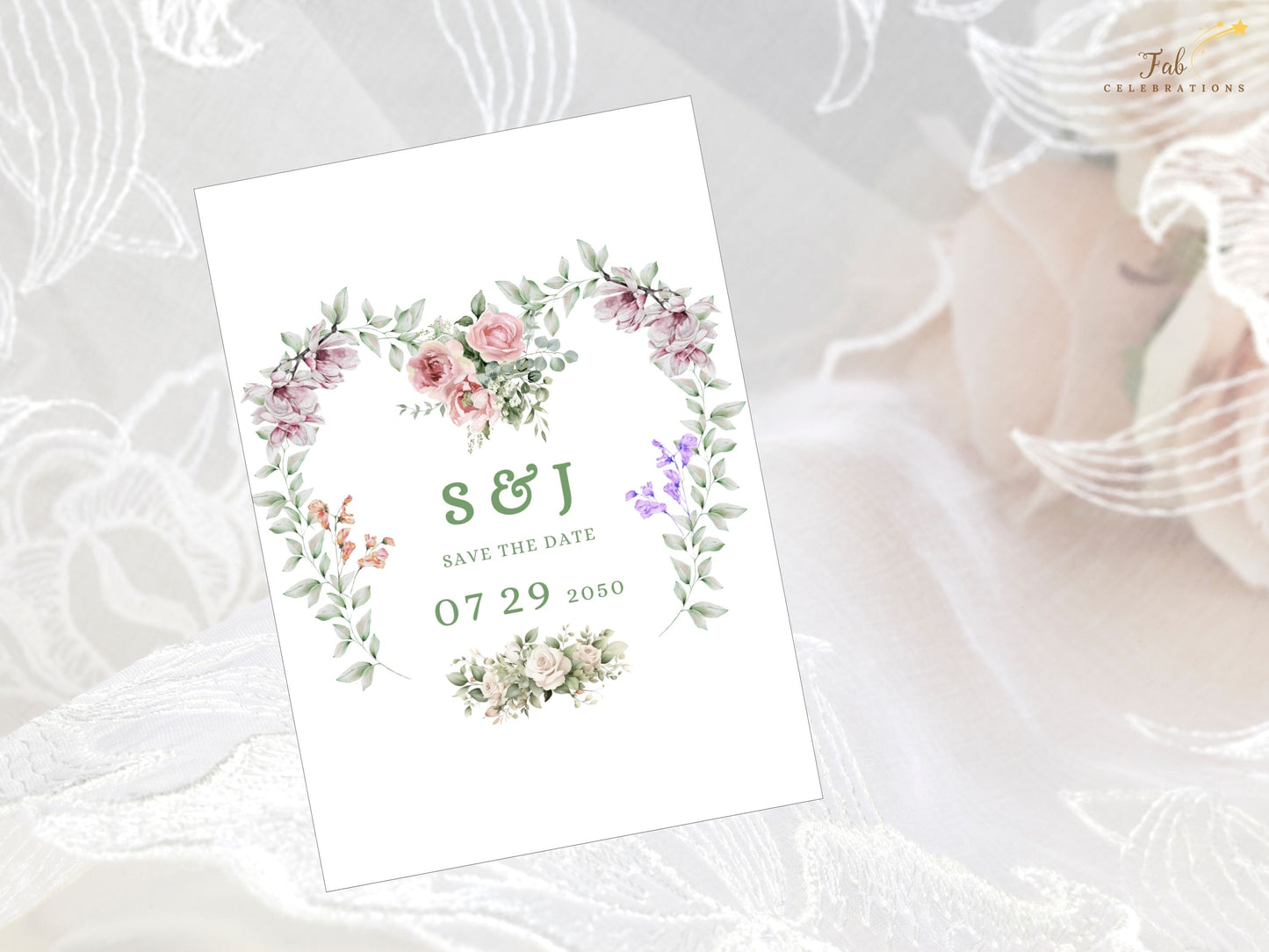 Lavender wedding invitations floral heart design blending coral blooms, ivory accents, and watercolor greenery for elegant boho chic wedding stationery.