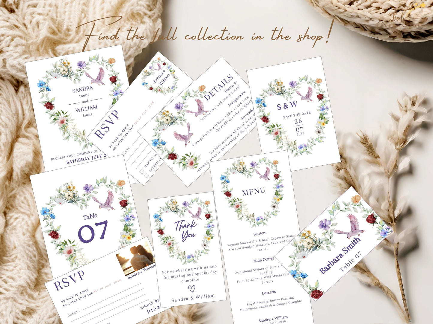 Parisian floral wedding menu flatlay display card showcasing watercolor florals, rustic greenery and poetic typography for romantic countryside receptions.
