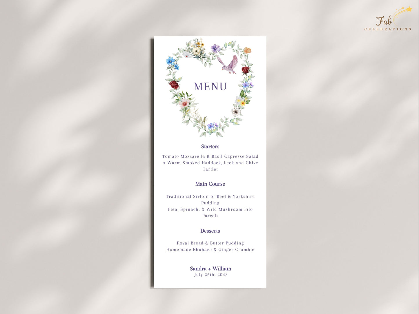 Parisian floral wedding menu Canva editable template showing customizable fonts, colors and layouts, perfect for DIY brides planning elegant countryside receptions.