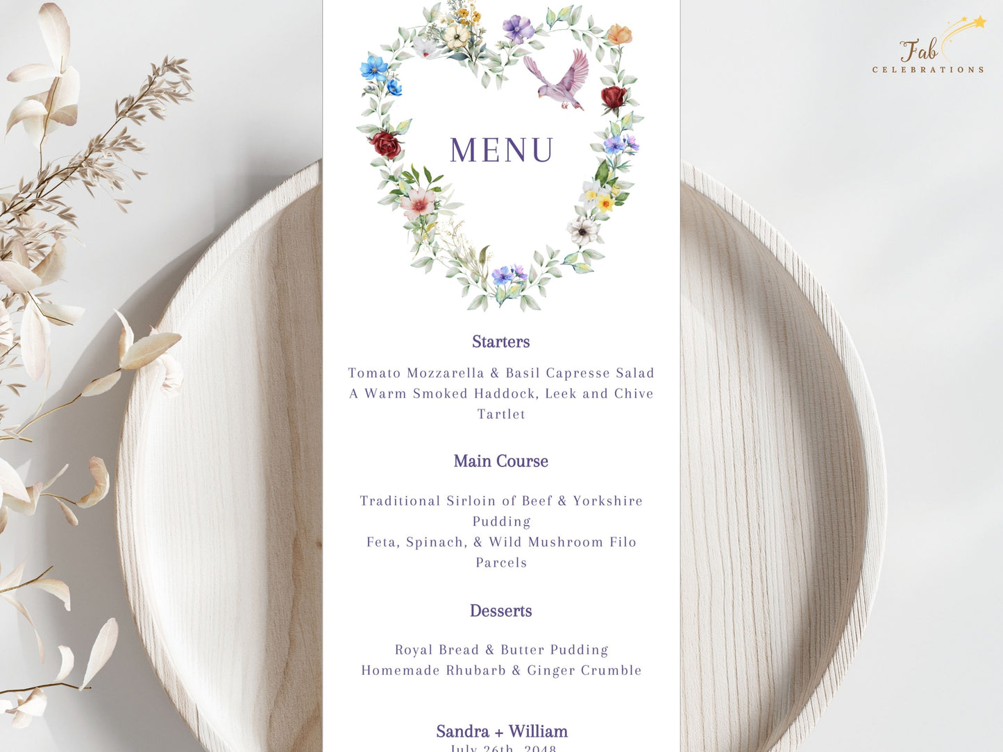 Parisian floral wedding menu romantic style preview highlighting floral wreath artwork, pastel palette and dove motif for rustic Parisian-inspired table settings.