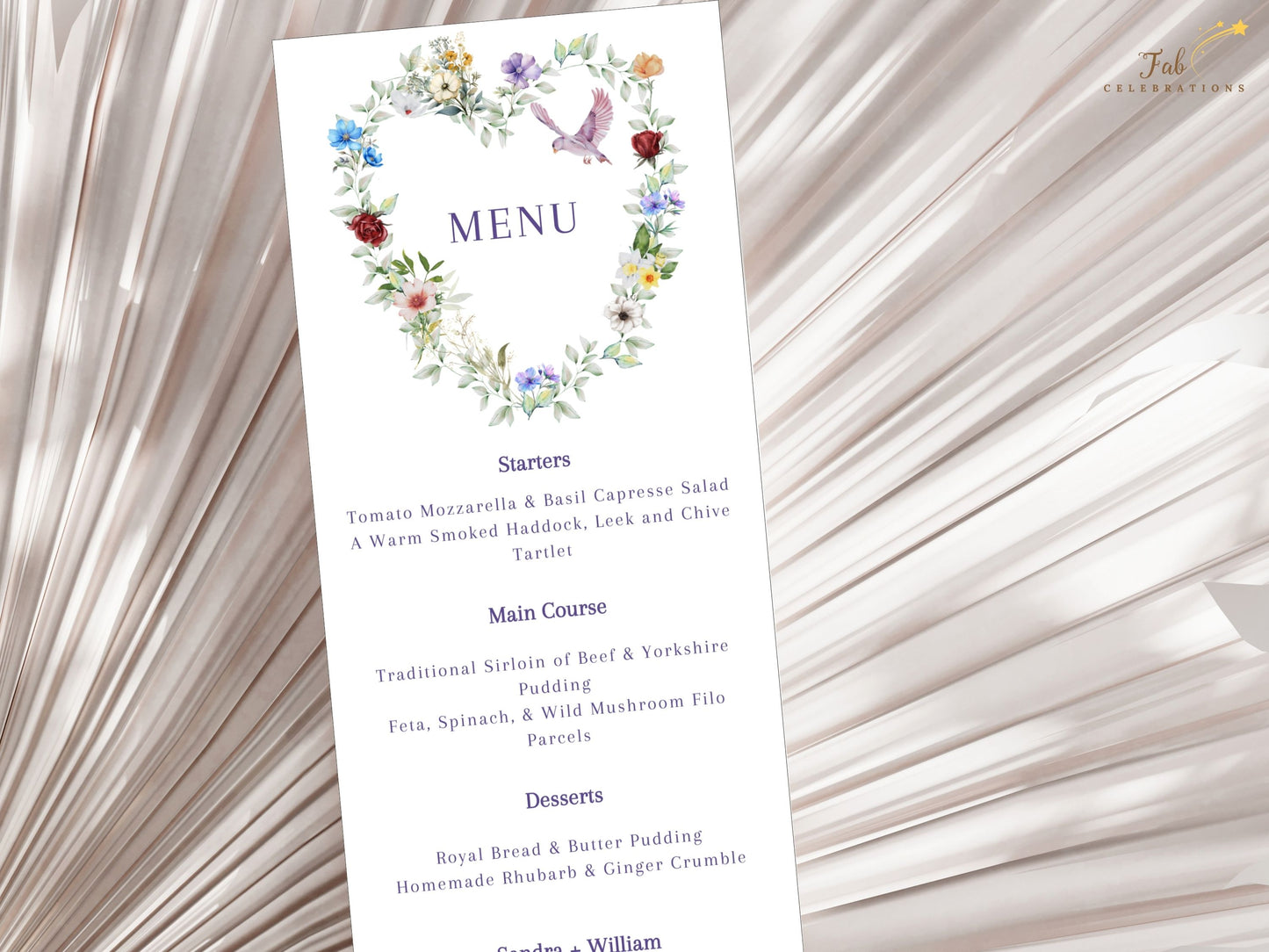 Parisian floral wedding menu card template featuring watercolor wreath in purple, crimson and ivory with dove motif, editable in Canva for rustic romantic receptions.