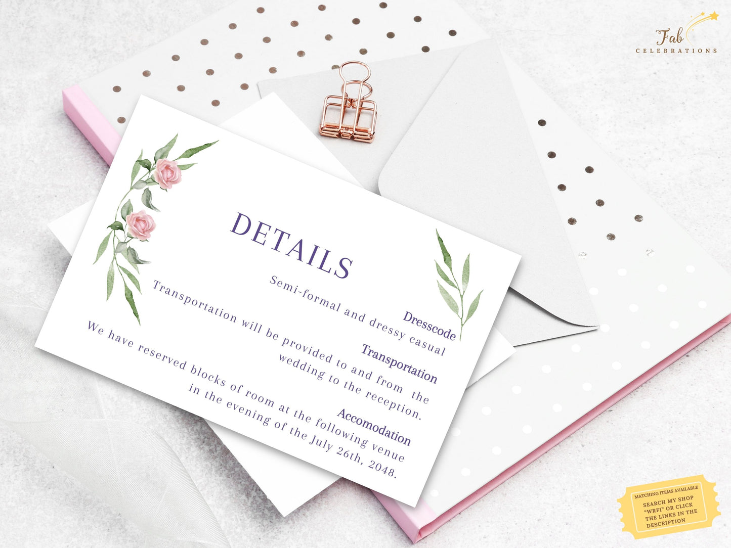Pink rose wedding details with blush roses border — editable Canva template designed for couples wanting cohesive stationery with poetic floral elements and clarity.