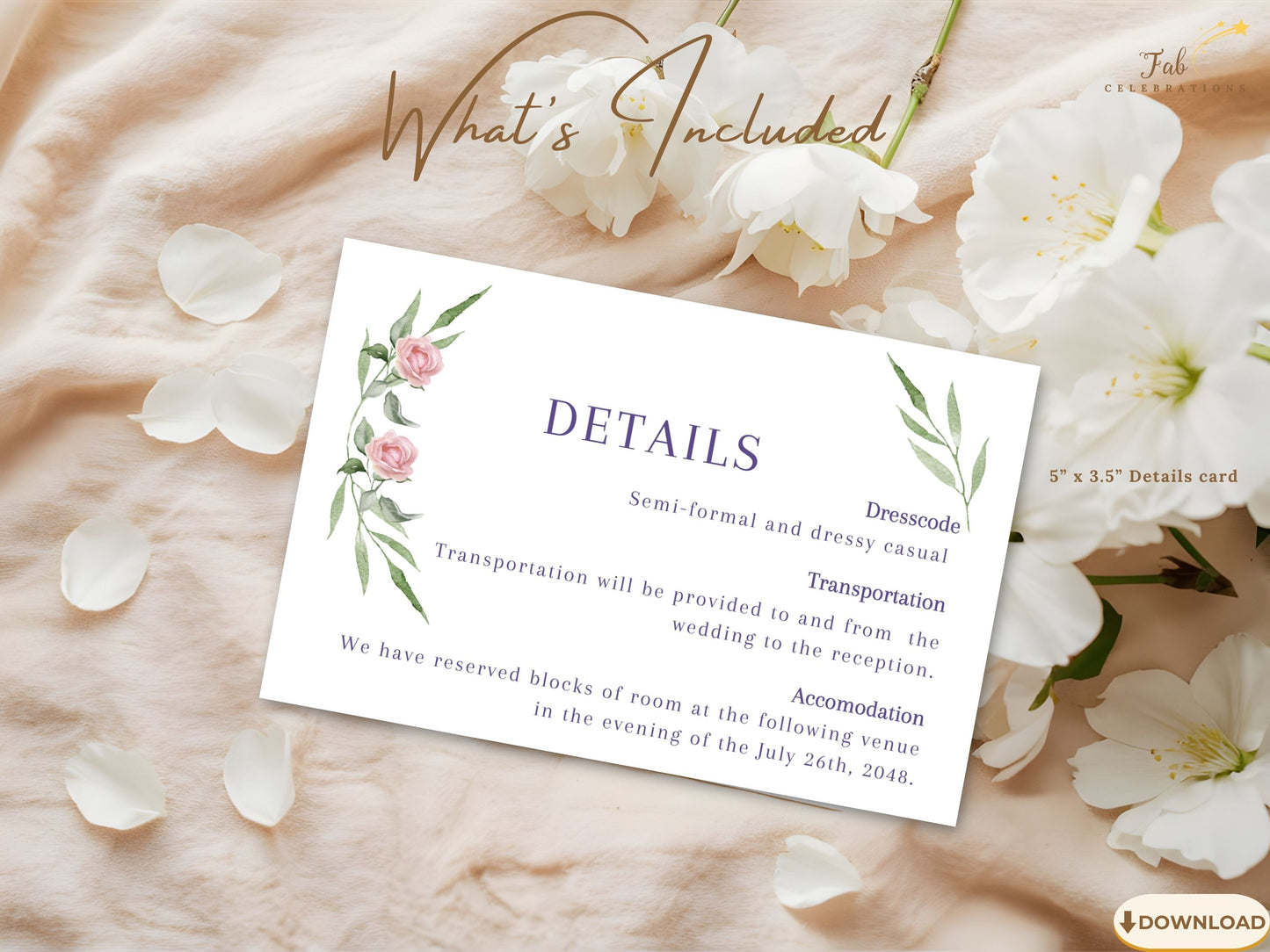 Pink rose wedding details showcasing elegant botanical accents — customizable template perfect for venue, travel, and schedule information with romantic charm and grace.