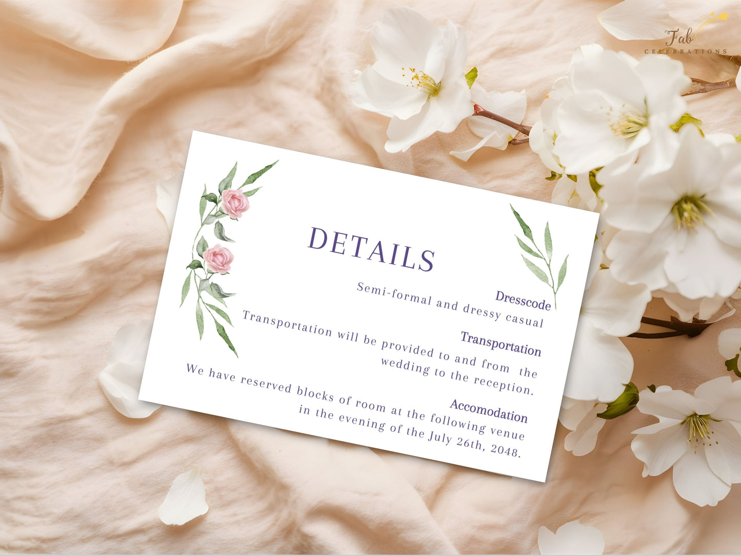 Pink rose wedding details featuring delicate watercolor florals — printable template ideal for sharing essential wedding information with grace and elegant presentation.