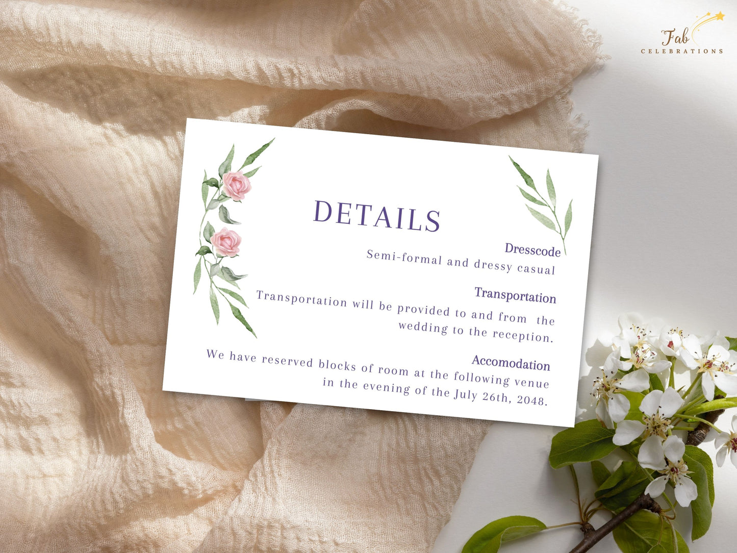 Pink rose wedding details highlighting romantic botanical design — customizable Canva template with sage greenery accents for timeless wedding information sharing.