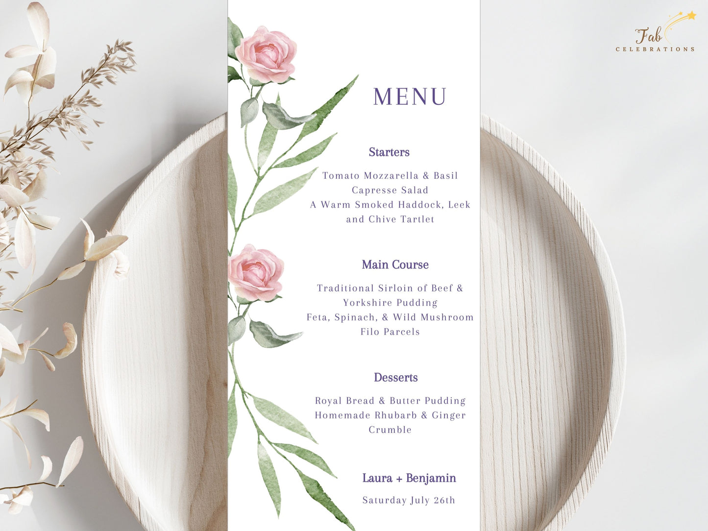 Pink rose wedding menu card template design with watercolor florals and refined typography — editable Canva template for poetic meal presentation.
