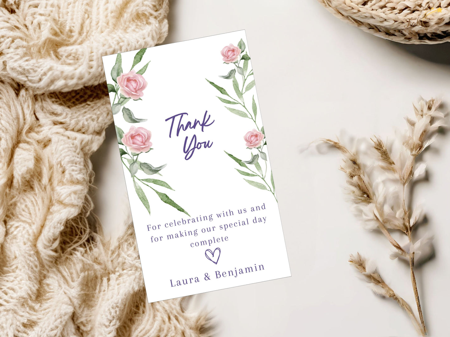Pink rose wedding thank you card template with watercolor florals and greenery — editable Canva design for expressing heartfelt gratitude with elegant charm.