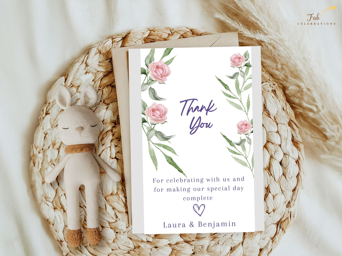 Editable pink rose thank you card with watercolor greenery and roses — Canva template for rustic chic, boho, and garden weddings seeking graceful closure.