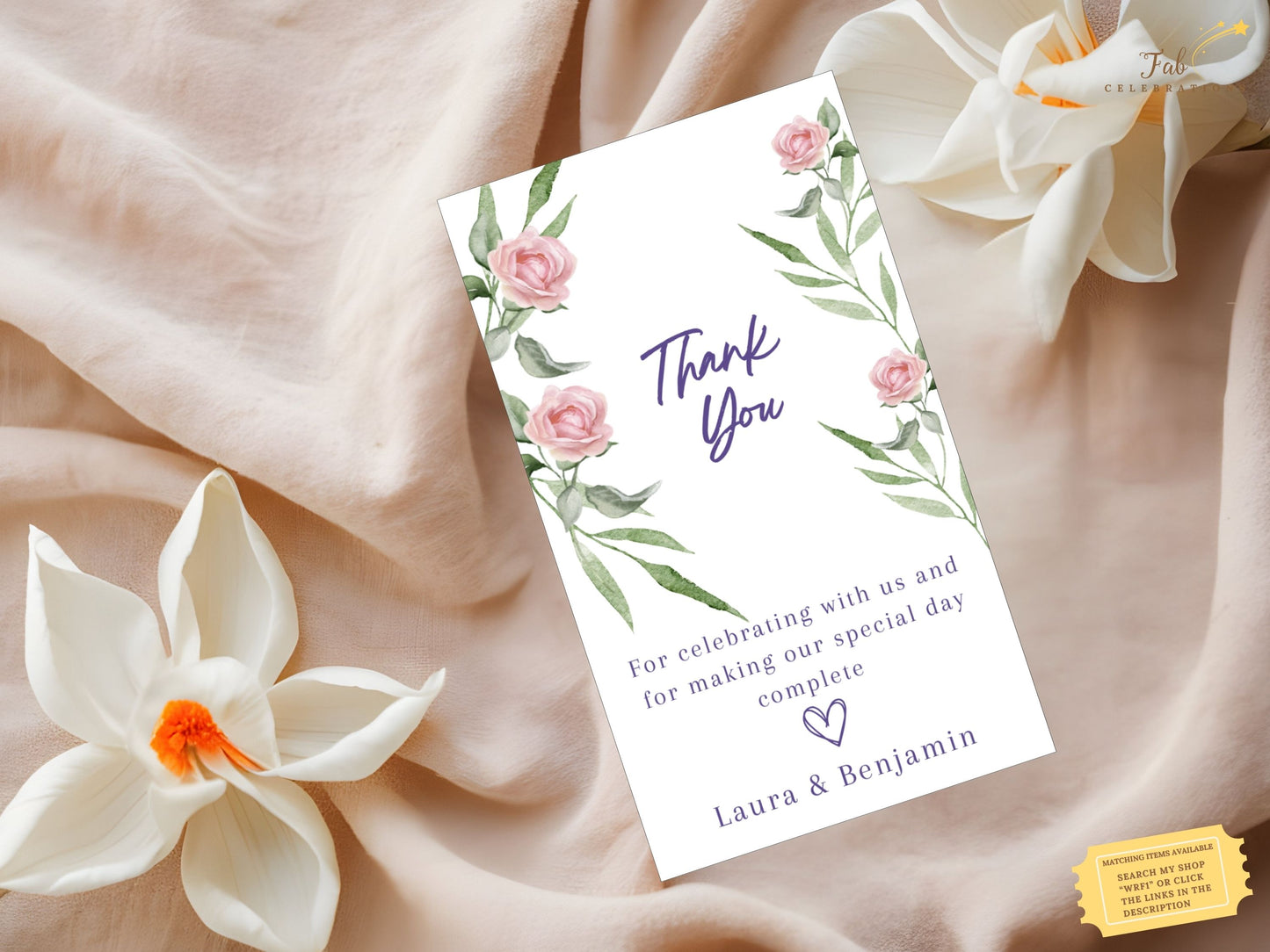 Pink rose wedding thank you card template design with watercolor florals and refined typography — editable Canva template for poetic gratitude expression.