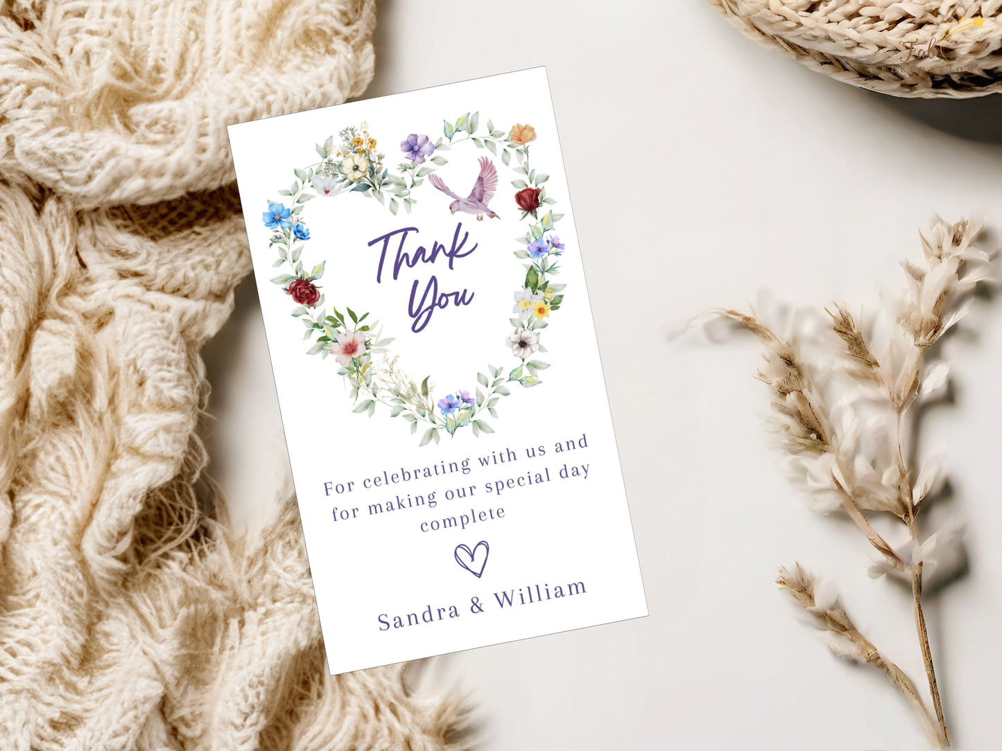Romantic poetry wedding invitations thank you card with watercolor floral heart, red roses and dove motif, editable in Canva for rustic and boho chic celebrations.