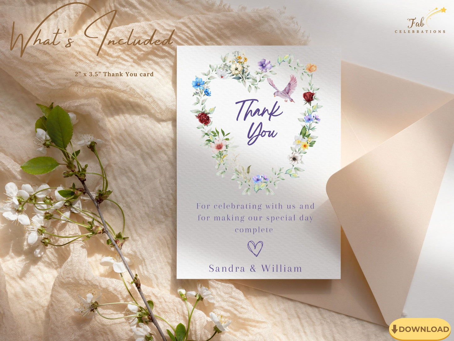 Romantic poetry wedding invitations floral heart design featuring hand-painted blossoms in purple, crimson and ivory, ideal for rustic countryside thank you stationery.