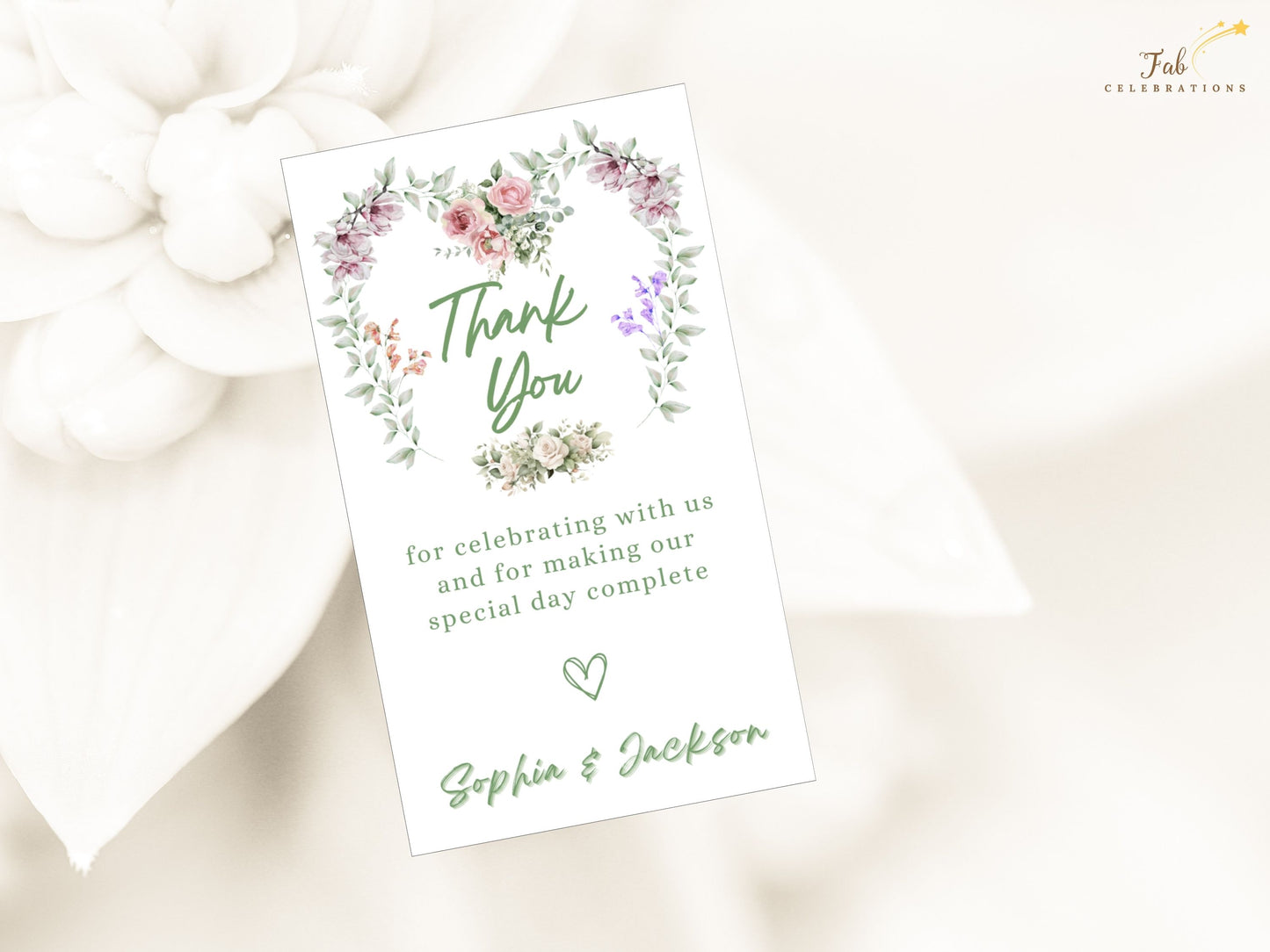 Romantic wedding invitations thank you card flatlay display featuring floral heart watercolor artwork and refined typography for French countryside weddings.