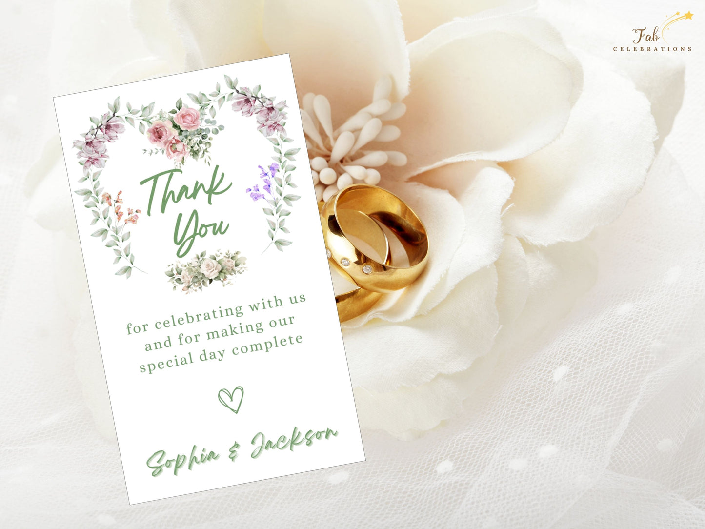 Romantic wedding invitations Canva editing mockup design showing floral heart thank you card template with editable typography and rustic watercolor charm.
