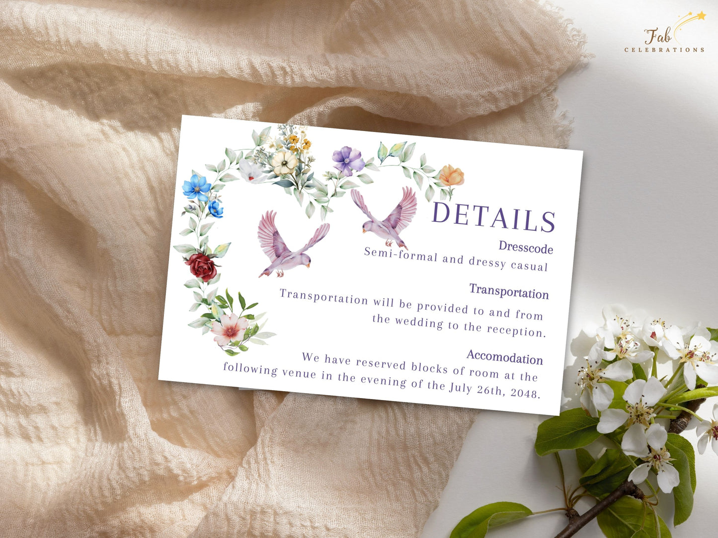 Rustic watercolor wedding card romantic style design featuring elegant floral wreath with dove motifs, rustic charm and poetic details for countryside wedding themes.