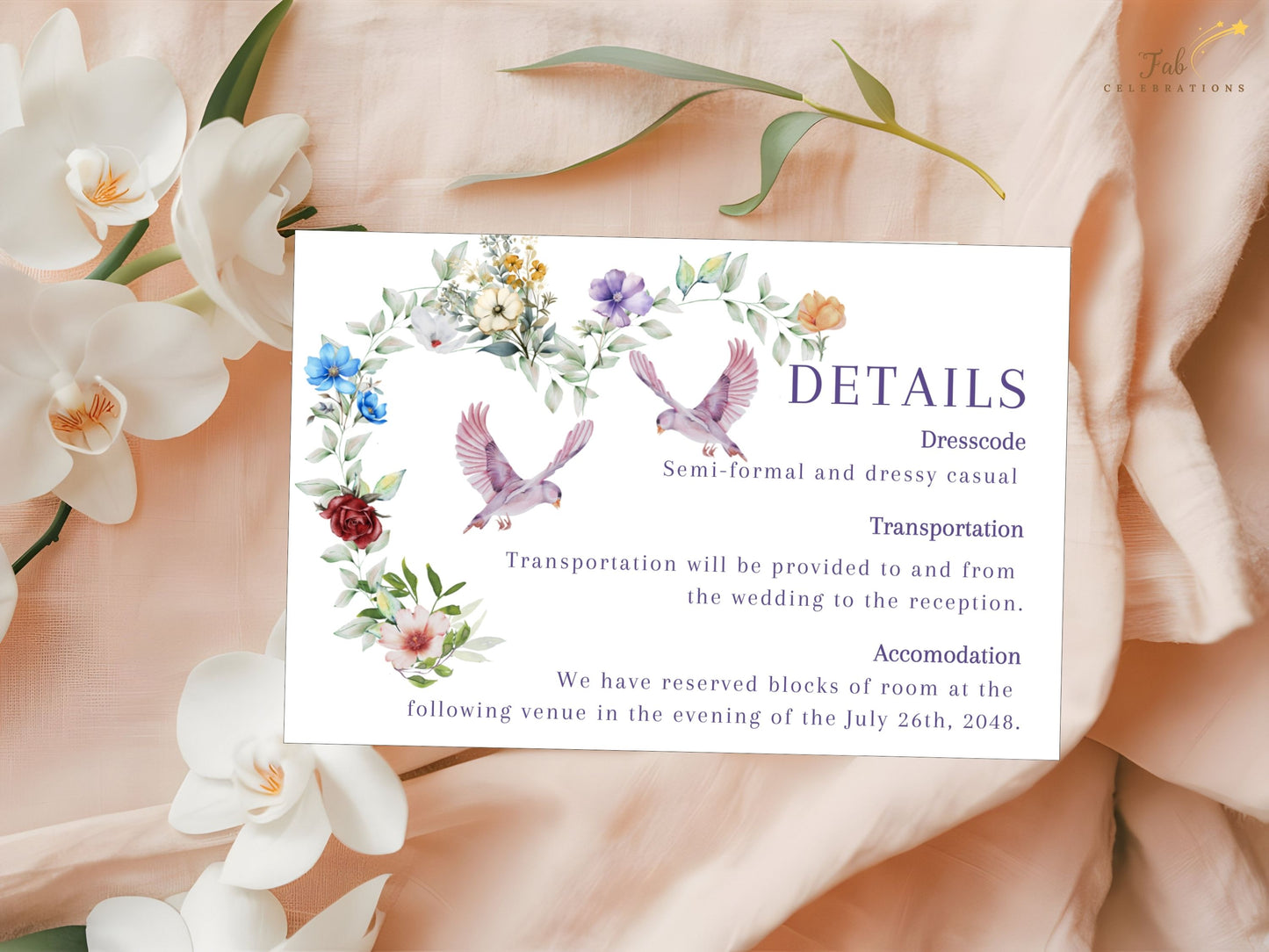 Rustic watercolor wedding card flatlay preview displaying hand-painted florals and symbolic dove artwork, part of a coordinated rustic boho stationery collection.