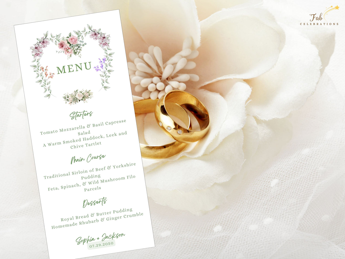 Sage wedding invitations floral heart design with watercolor roses, lavender sprigs, and sage greenery perfect for rustic chic countryside wedding stationery.