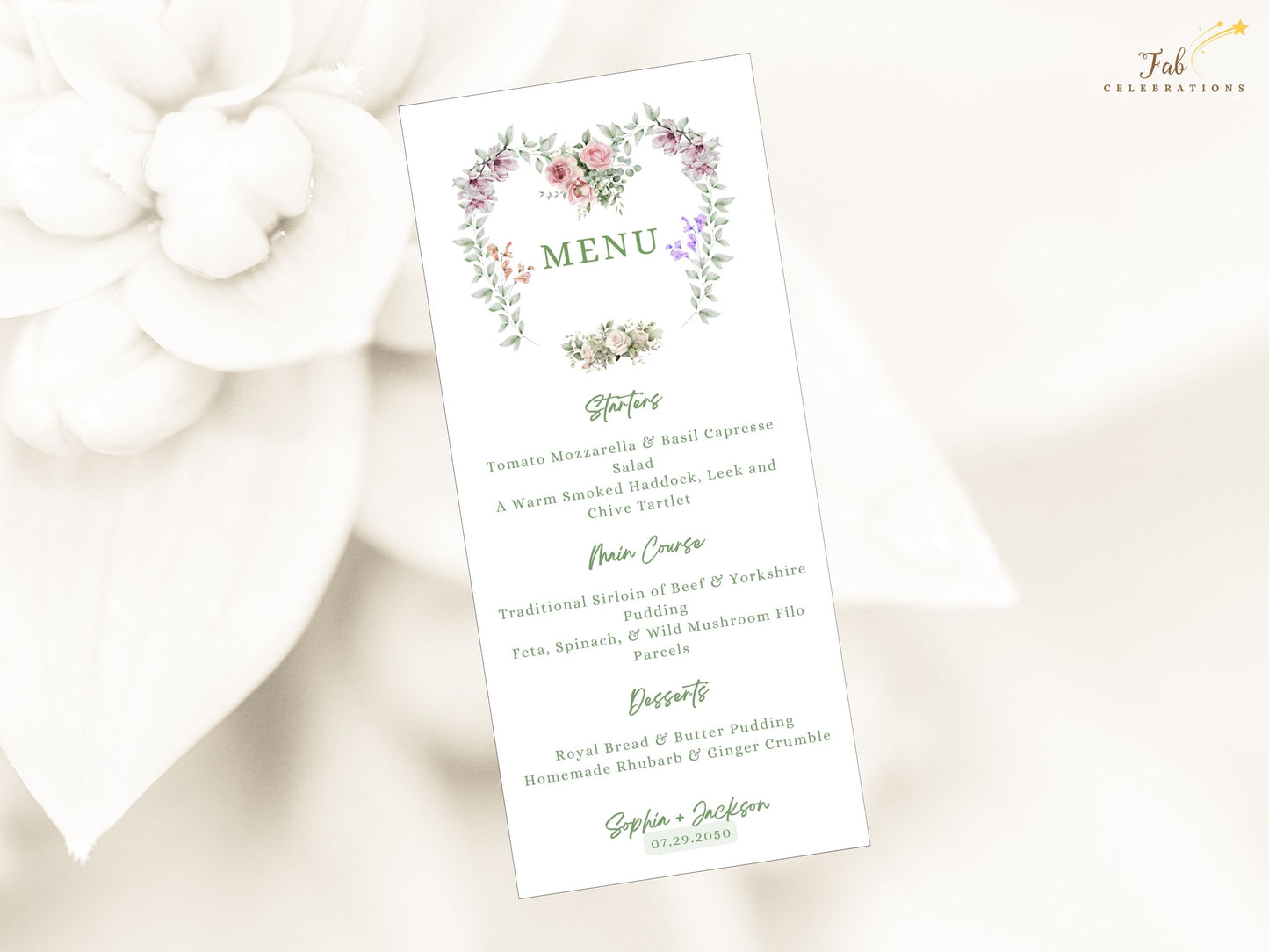 Sage wedding invitations menu card flatlay display featuring romantic watercolor floral artwork and elegant typography for rustic French garden weddings.