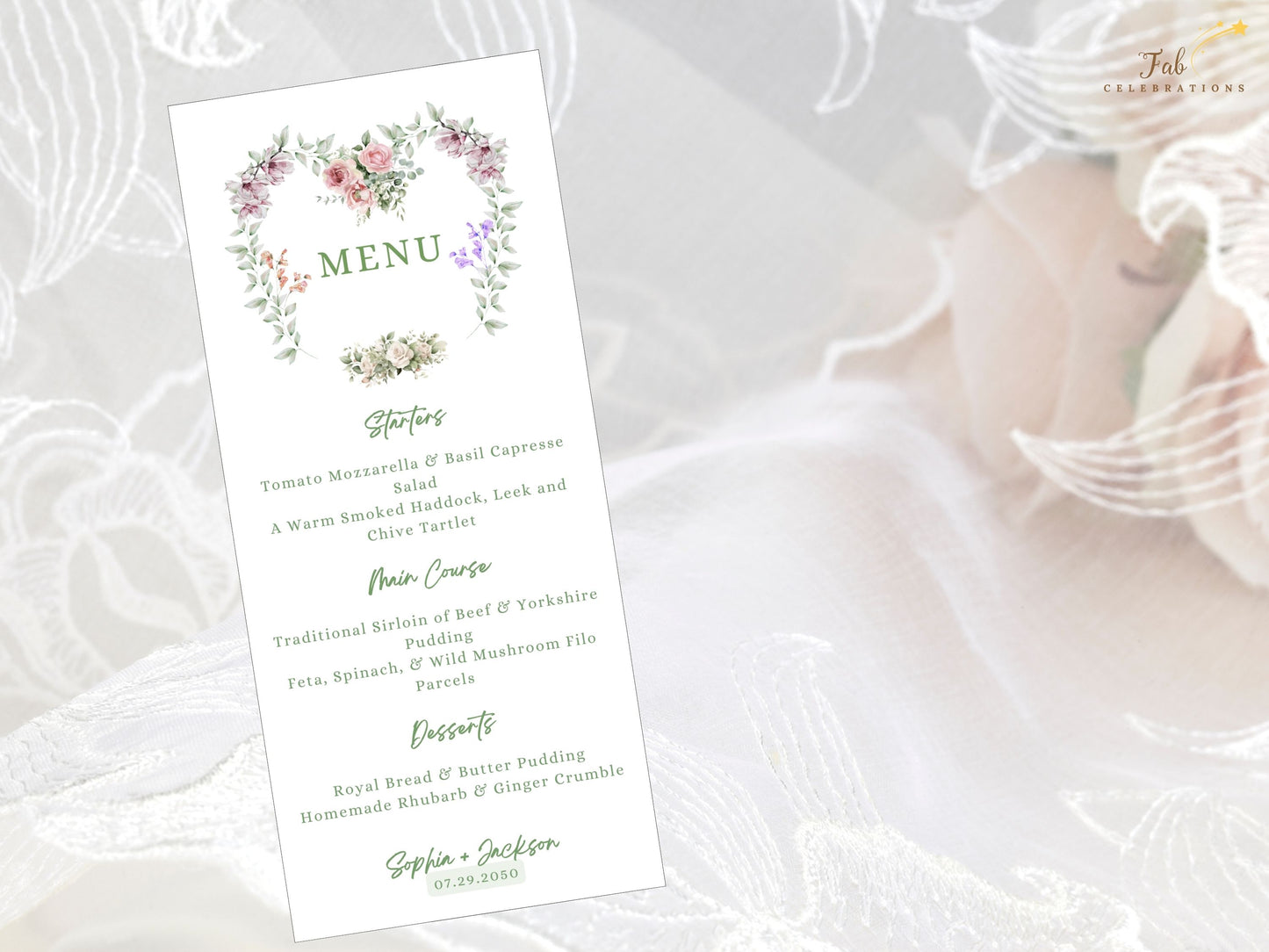 Sage wedding invitations editable layout in Canva showing menu card customization of fonts, names, and colors for elegant boho wedding celebrations.