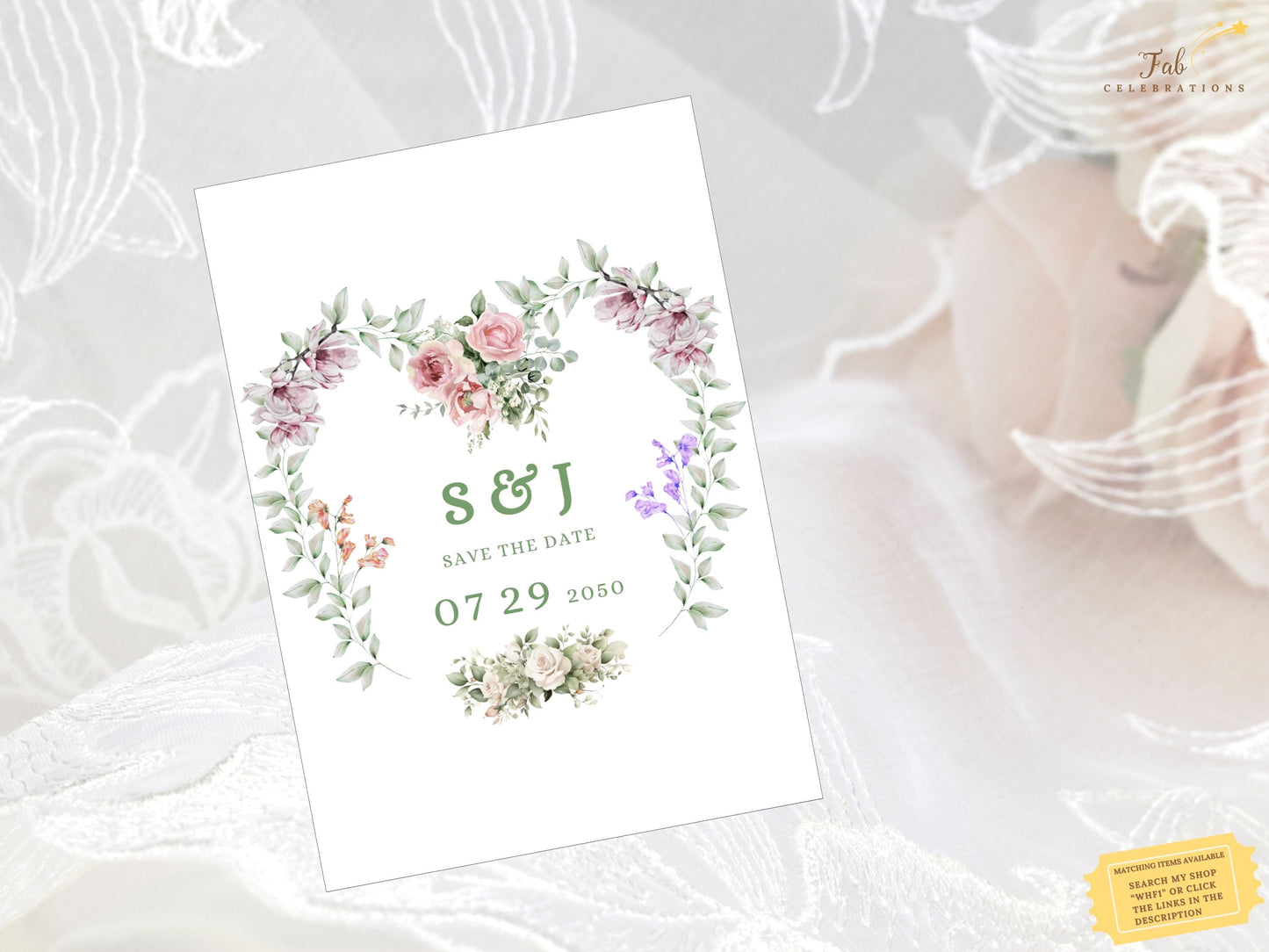Save the Date Wedding Card with boho floral layout and elegant colors, editable via Canva for a fully personalized and professional wedding stationery experience.