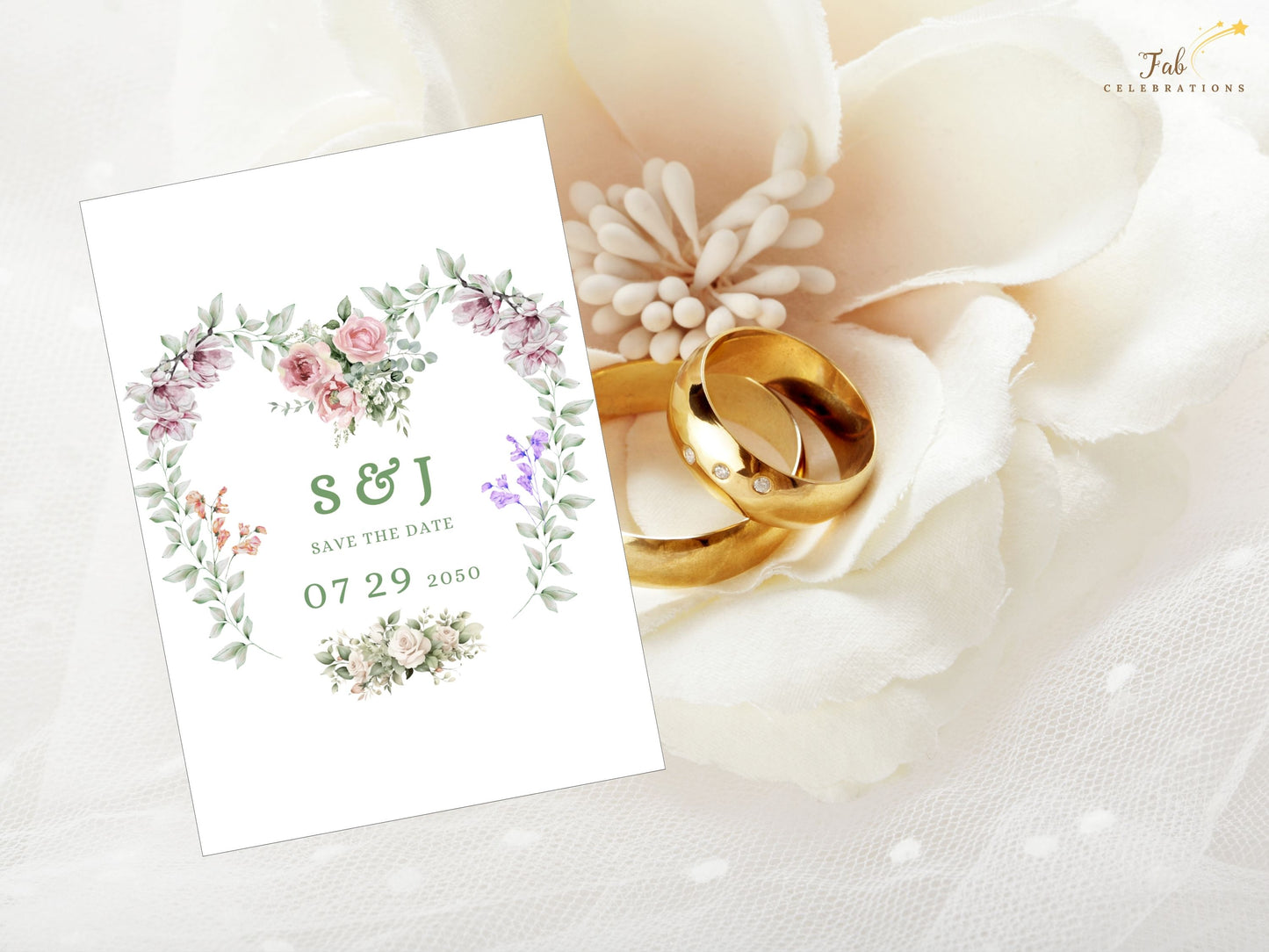 Printable Save the Date Wedding Card created in Canva, featuring golden text and floral artwork — designed for couples looking to set the tone with beauty and intention.