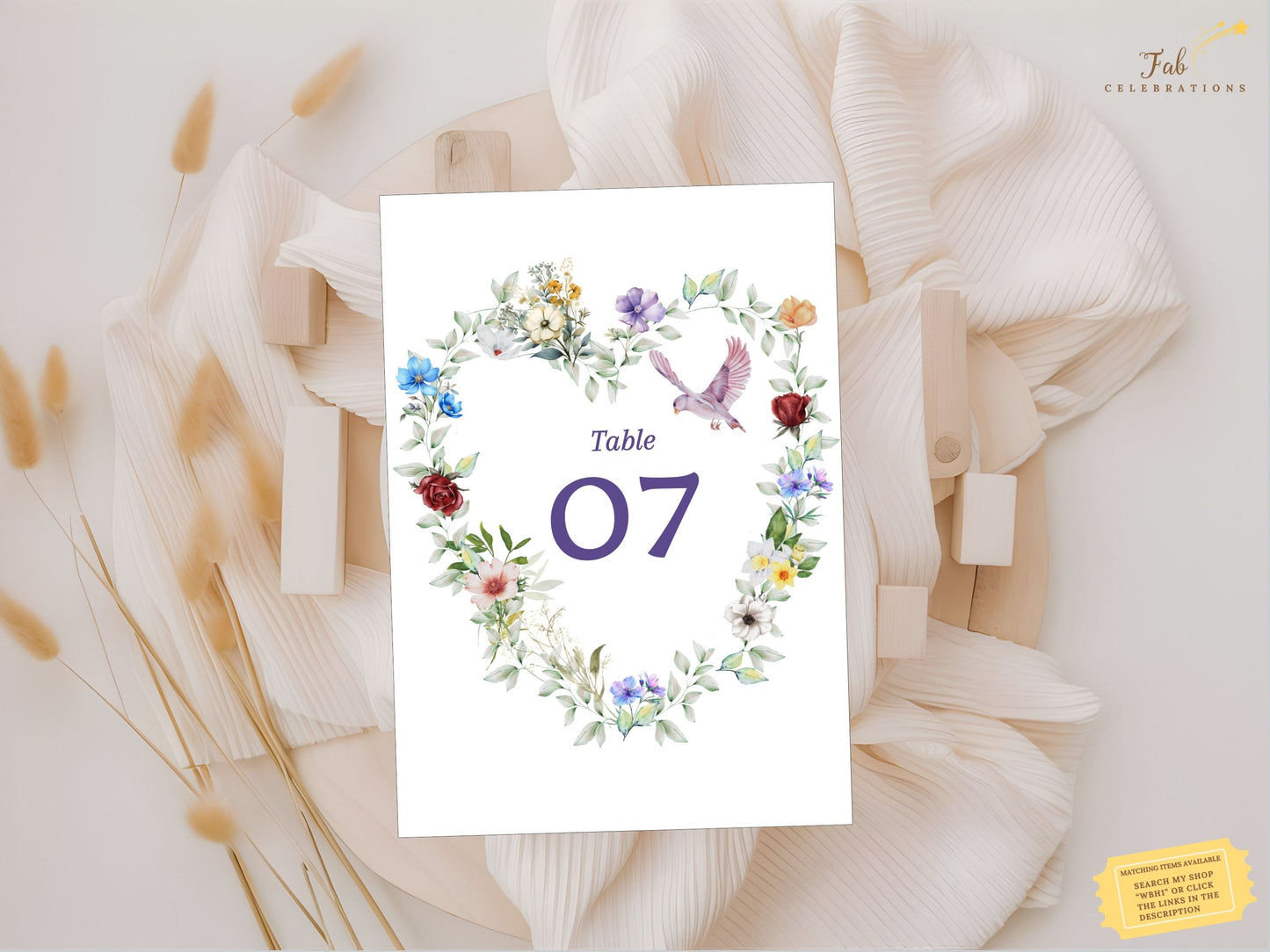 Watercolor dove wedding template editable Canva layout with customizable numbers, text and colors, designed for DIY brides seeking rustic and bohemian table decor.