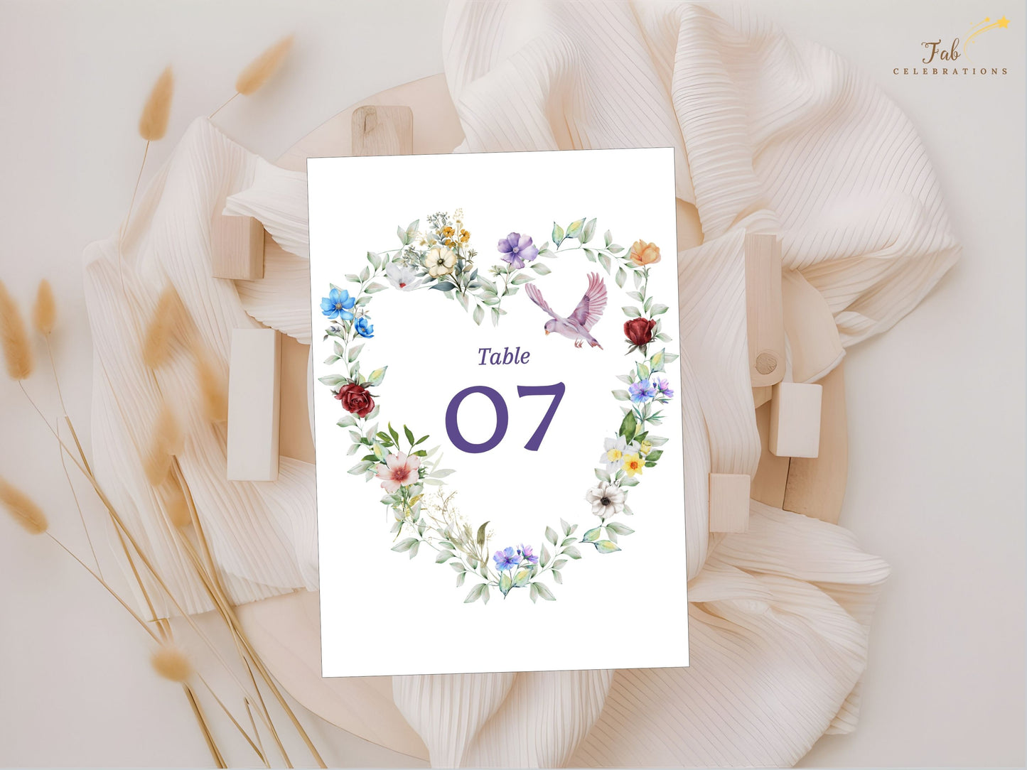 Watercolor dove wedding template editable Canva layout with customizable numbers, text and colors, designed for DIY brides seeking rustic and bohemian table decor.