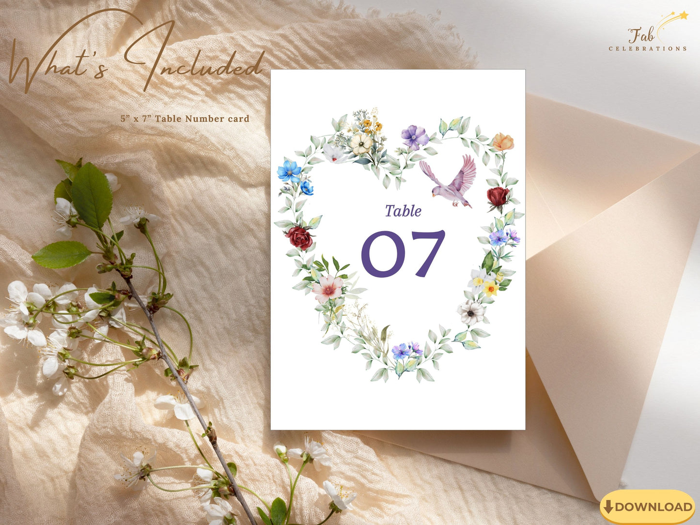 Watercolor dove wedding template floral heart design with pink, coral and lavender blossoms framed in greenery, ideal for rustic countryside weddings and poetic receptions.