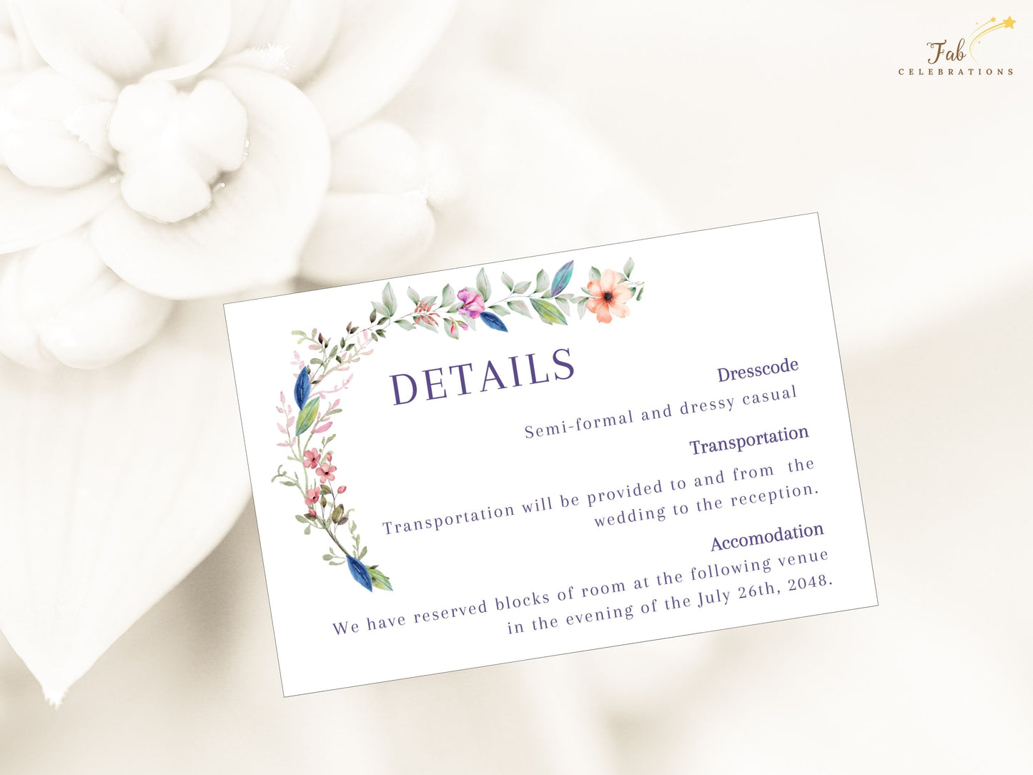 Wedding details template rustic botanical style with watercolor floral elements and coordinated typography, ideal for countryside weddings and destination celebrations.