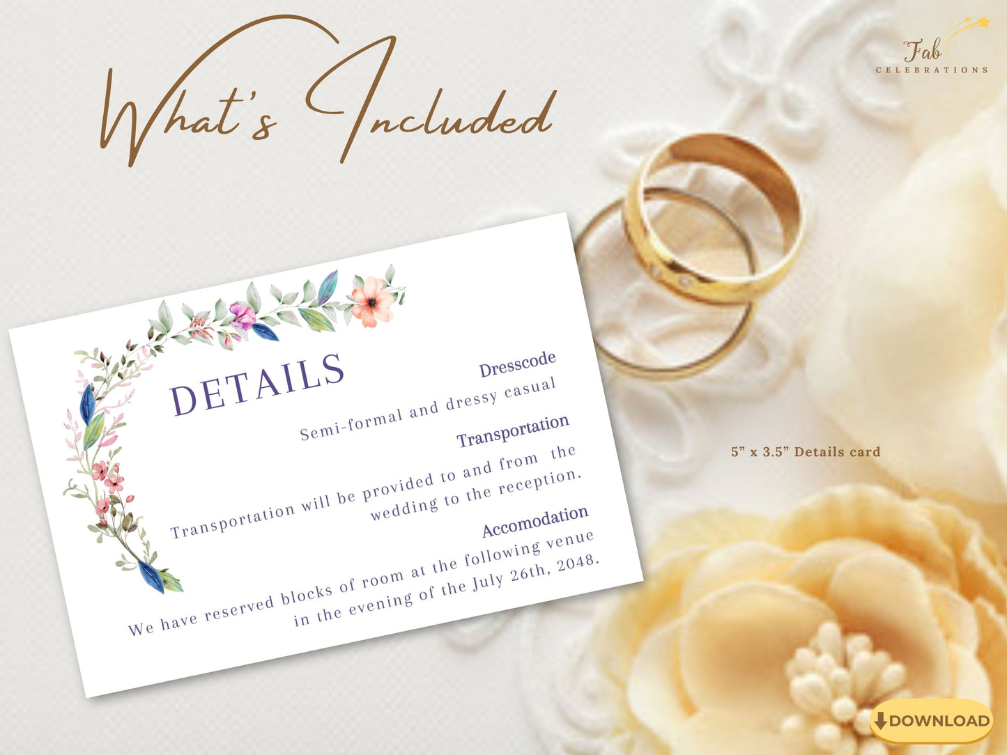 Wedding details template editable Canva design featuring botanical borders and romantic typography, perfect information card for wedding reception details and dress code.